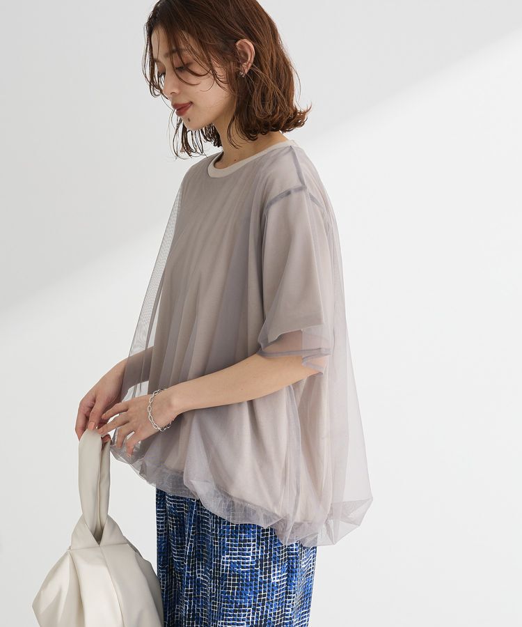 Green Parks「チュールドッキングバルーン5分袖プルオーバー」|Tシャツ・カットソー|Light Gray