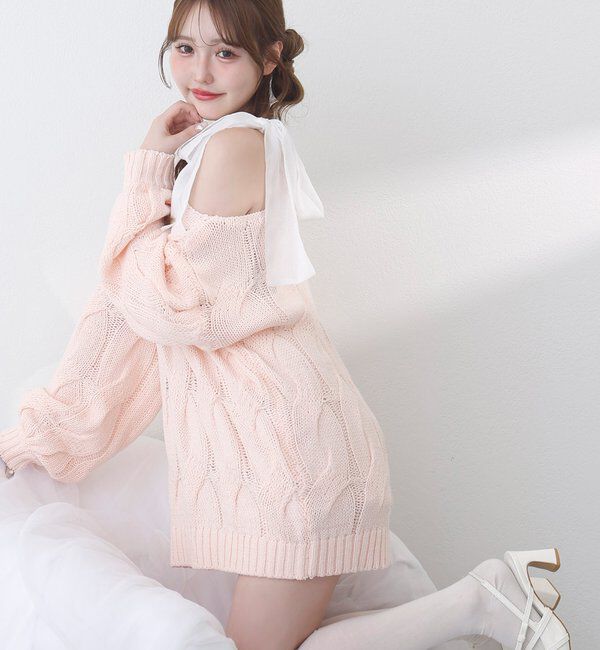  「ミルキーパレットニットミニワンピ／肩リボン取り外し可」|ワンピース|ピンク