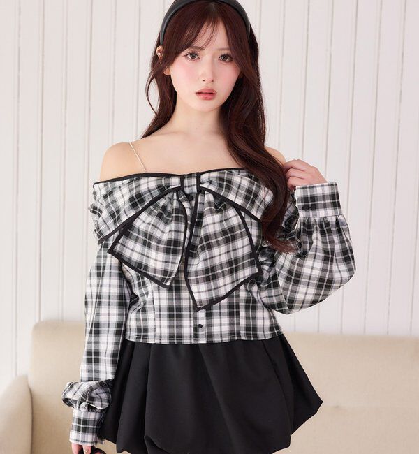  「肩ビジューリボンオフショルブラウス」|シャツ・ブラウス|
