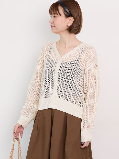 Lugnoncure「メッシュ編みVネックカーディガン」|カーディガン|オフホワイト