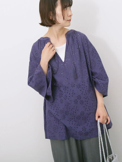 Samansa Mos2 blue「【Made in India】タッセル付ギャザーレースブラウス」|シャツ・ブラウス|