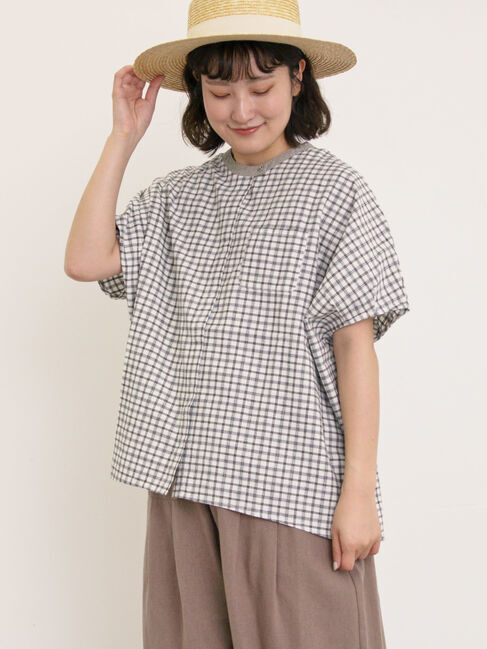 Samansa Mos2「【クールコットン】柄アソートクレリック袖タックブラウス」|シャツ・ブラウス|