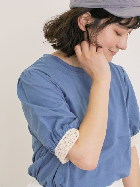 Samansa Mos2「【汗染み防止】袖口レースパフスリーブTシャツ」|Tシャツ・カットソー|ブルー