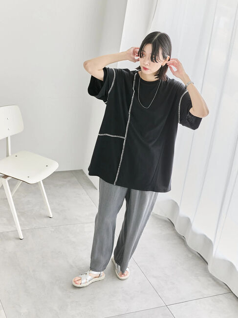 Samansa Mos2 blue「◎【接触冷感】切替ステッチチュニック」|Tシャツ・カットソー|