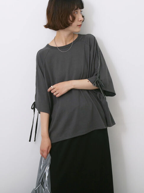 Samansa Mos2 blue「◎【接触冷感】ベロアラインリボンTシャツ」|Tシャツ・カットソー|