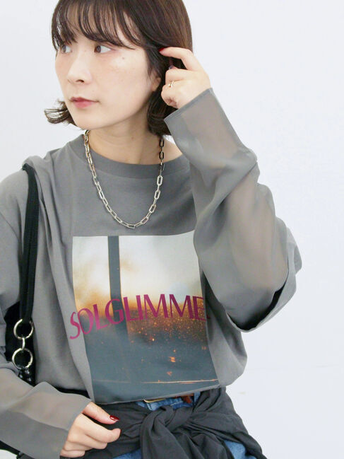 Samansa Mos2 blue「袖シフォンレイヤードプルオーバー」|Tシャツ・カットソー|