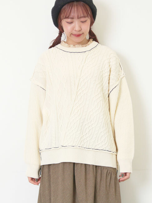Samansa Mos2「ケーブルパッチワークステッチプルオーバー」|ニット・セーター|