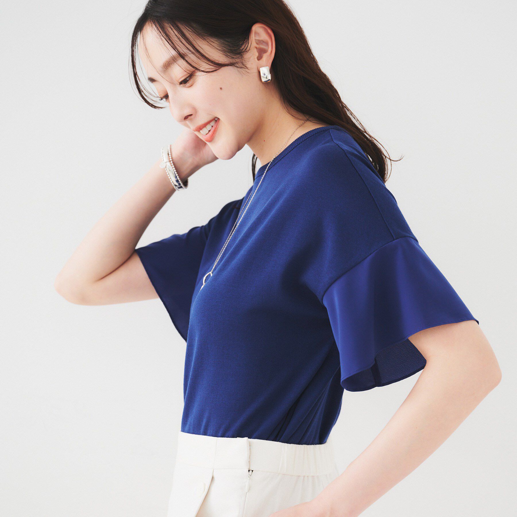 UNTITLED「【洗える/体型カバー】袖異素材プルオーバーニット」|ニット・セーター|