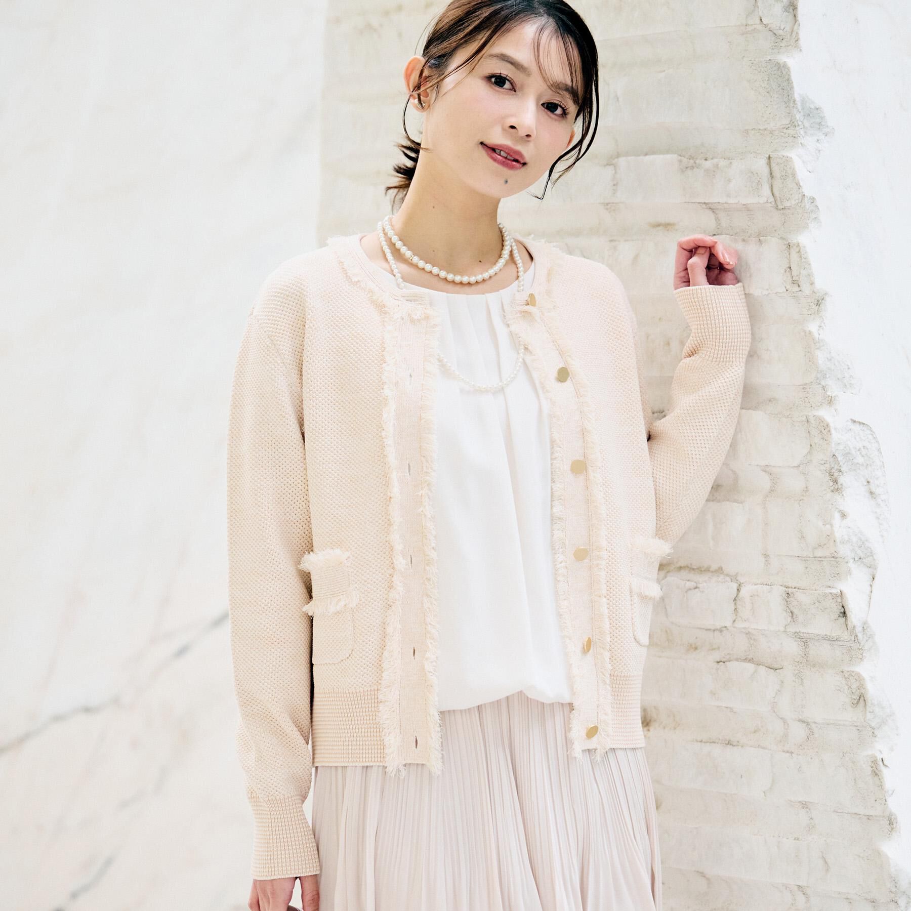 UNTITLED「【洗える/ジャケット風】ツイードニットカーディガン」|カーディガン|ライトベージュ(45