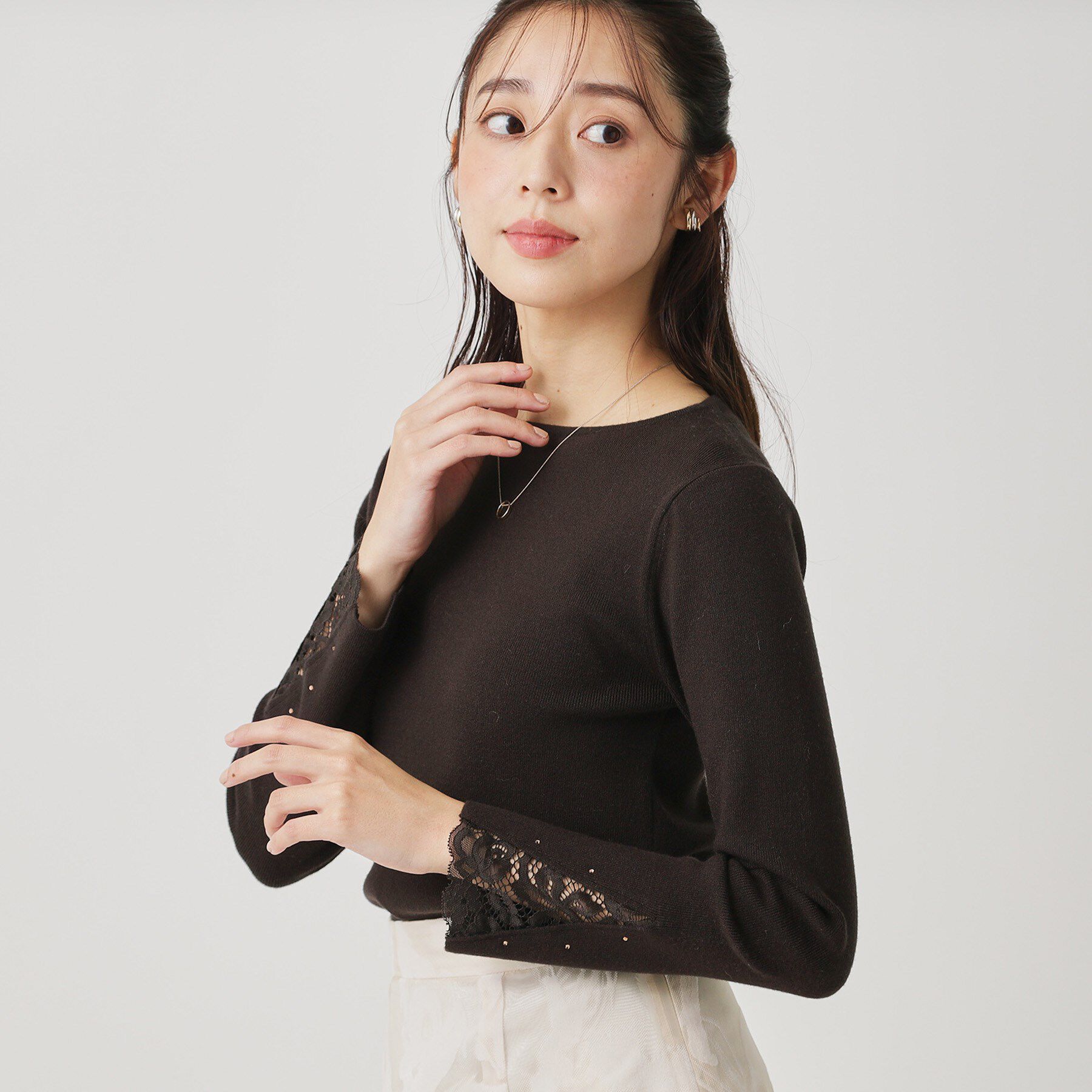 COUP DE CHANCE「【手洗い可】袖口レースコンパクトニット」|ニット・セーター|ブラウン(044)