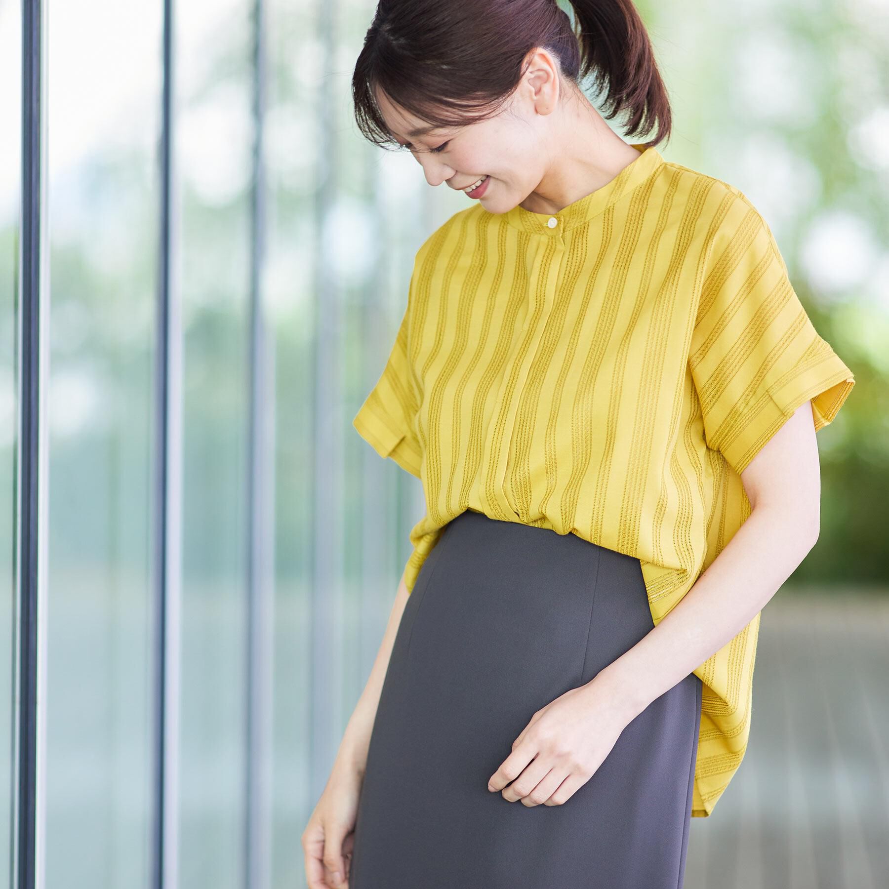 Reflect「【洗える】ドビーストライプブラウス」|シャツ・ブラウス|イエロー(332)