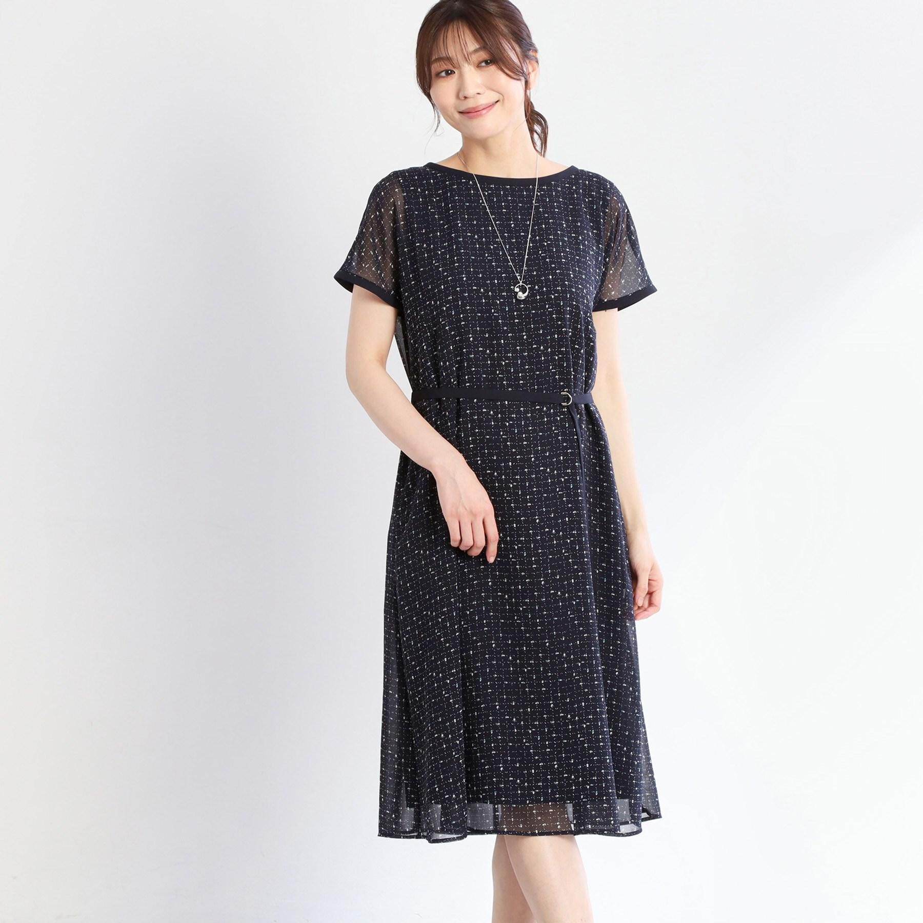 Reflect「【WEB先行カラーあり／マシンウォッシュ可／ナローベルト付き】オフボディツイードチェックワンピース」|ワンピース|