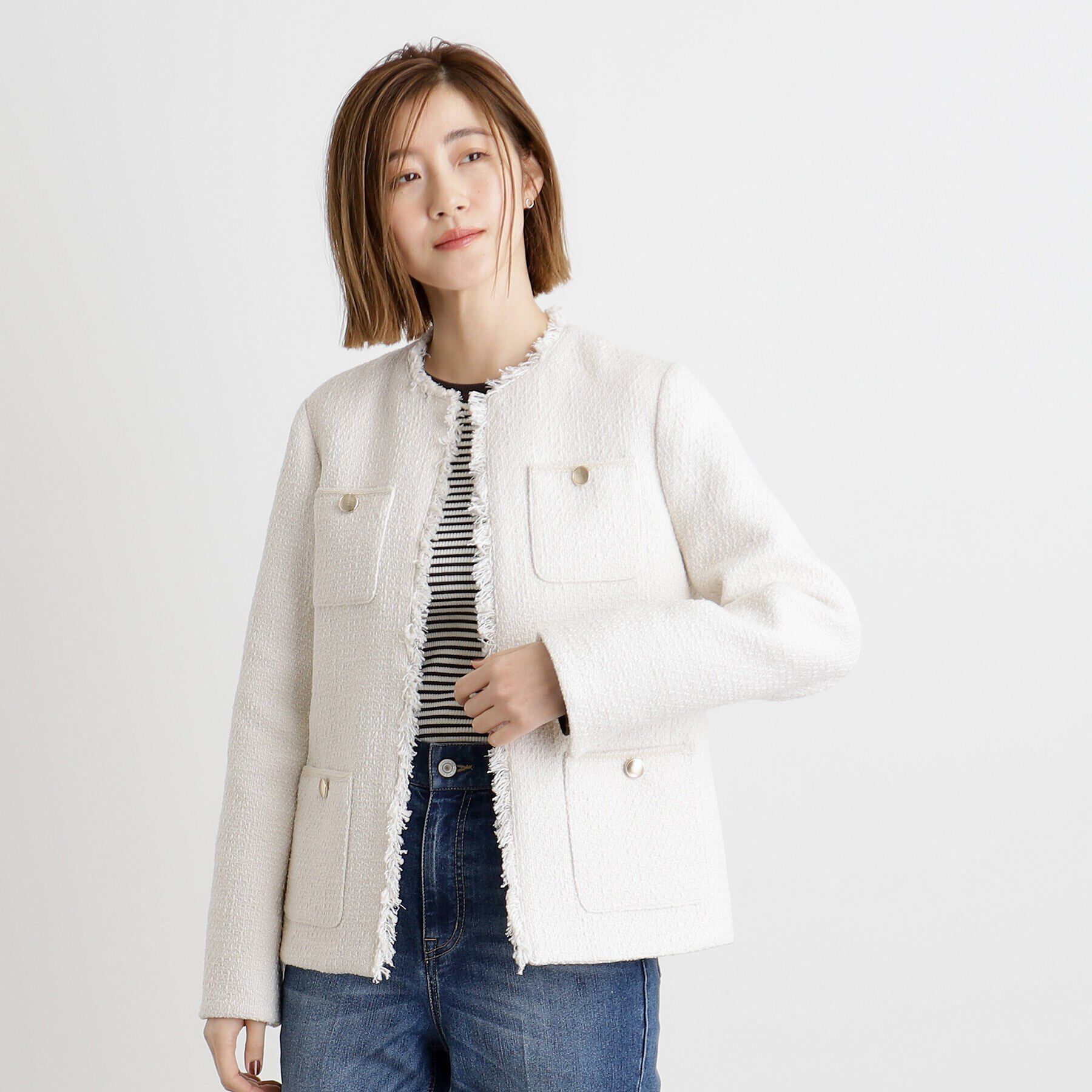 grove「フリンジツイードジャケット」|ノーカラージャケット|