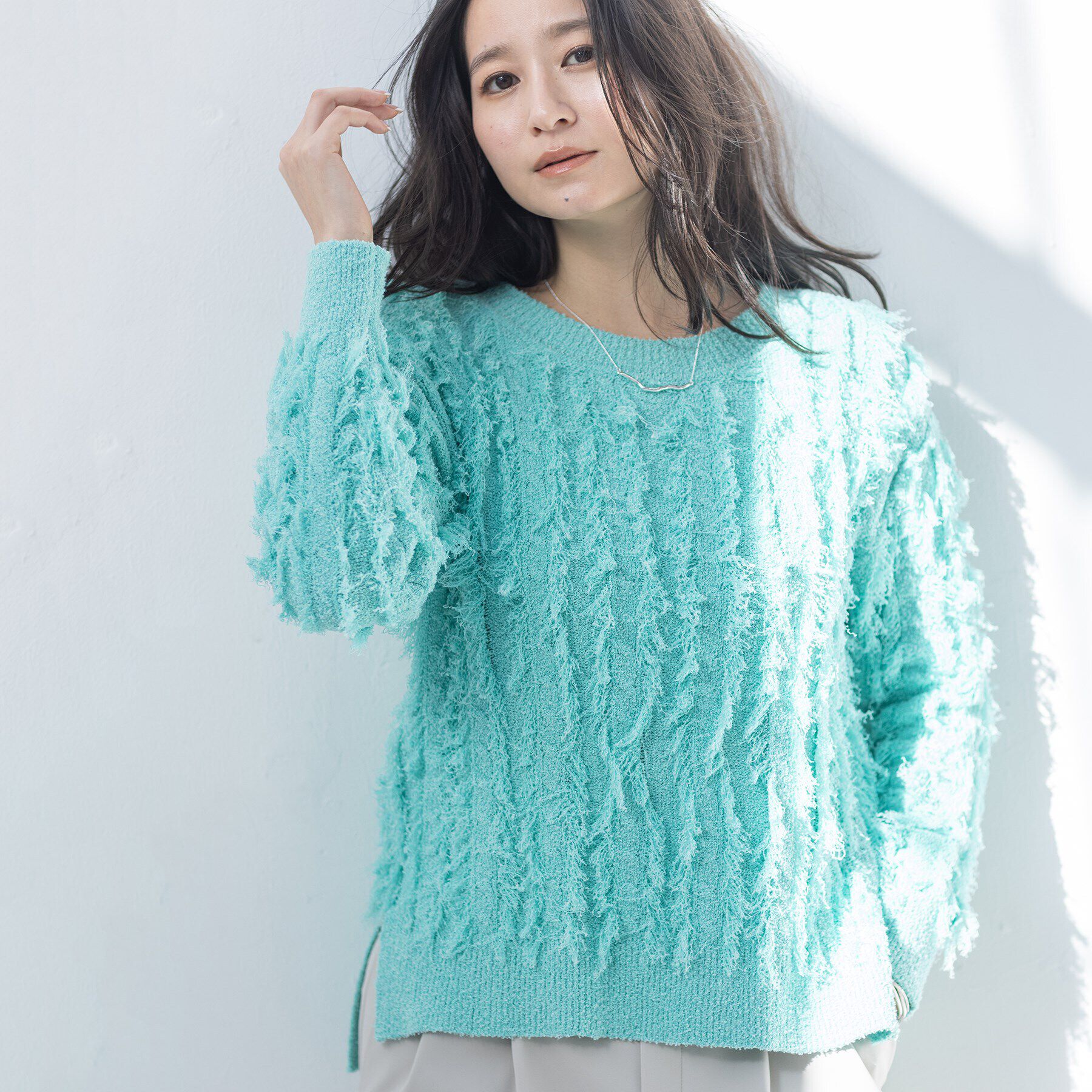 INDIVI「【洗える】フリンジ ジャカードニット」|ニット・セーター|ライトグリーン(02