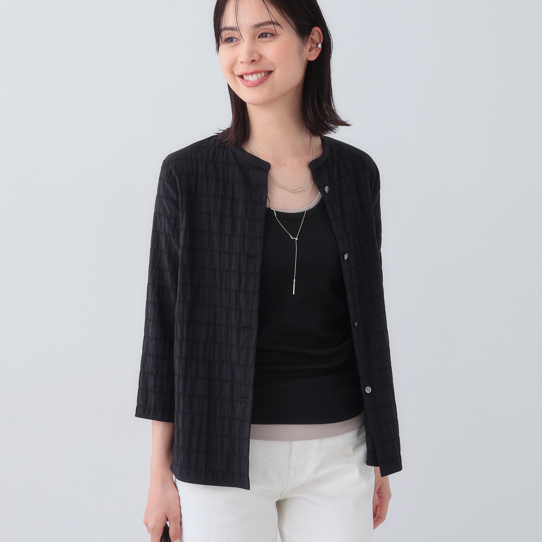 INDIVI「【日本製／サッカー素材】バンドカラーブラウス」|シャツ・ブラウス|ブラック(019)