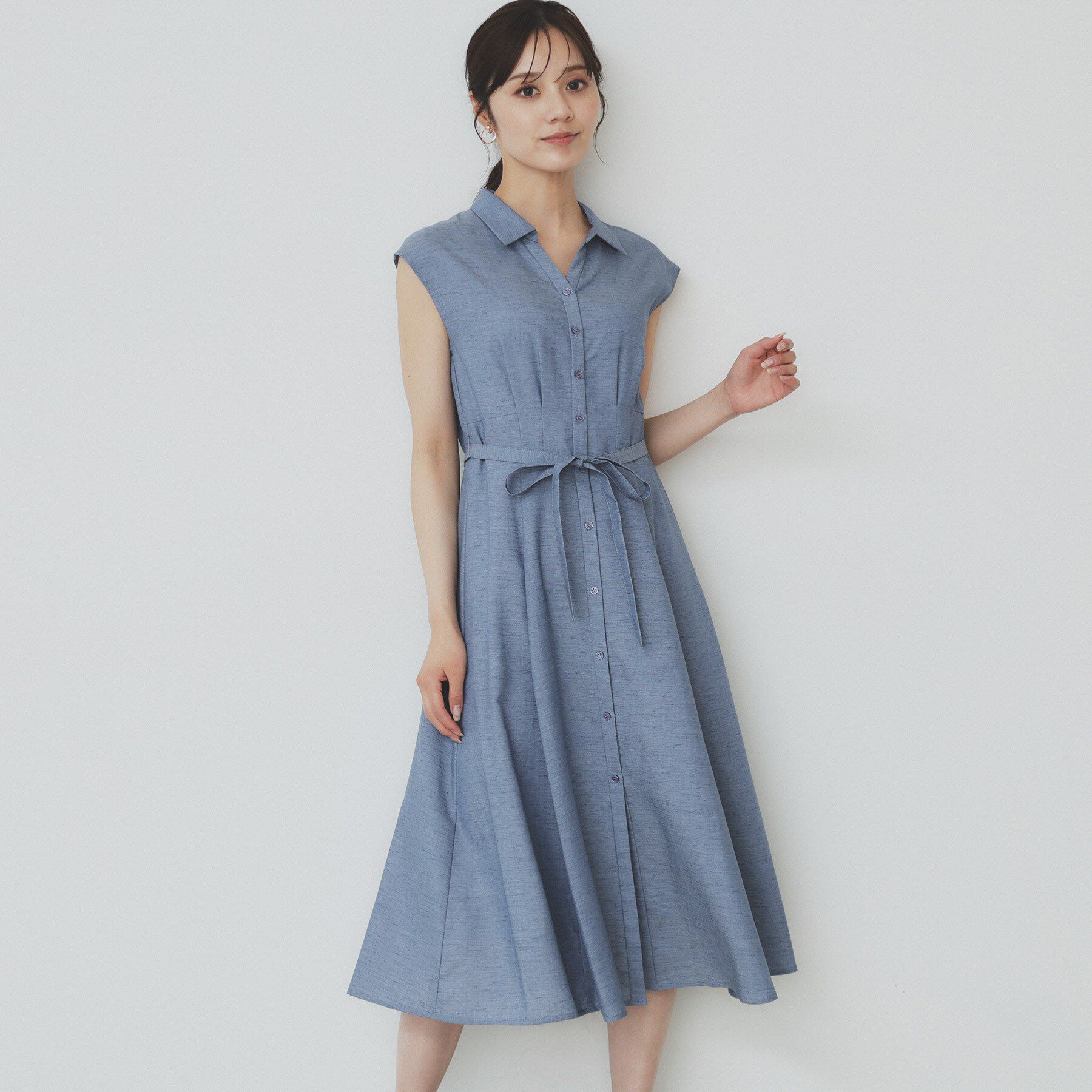 index「リネンライクシャツワンピース【洗濯機洗い可】」|ワンピース|ブルー(092)