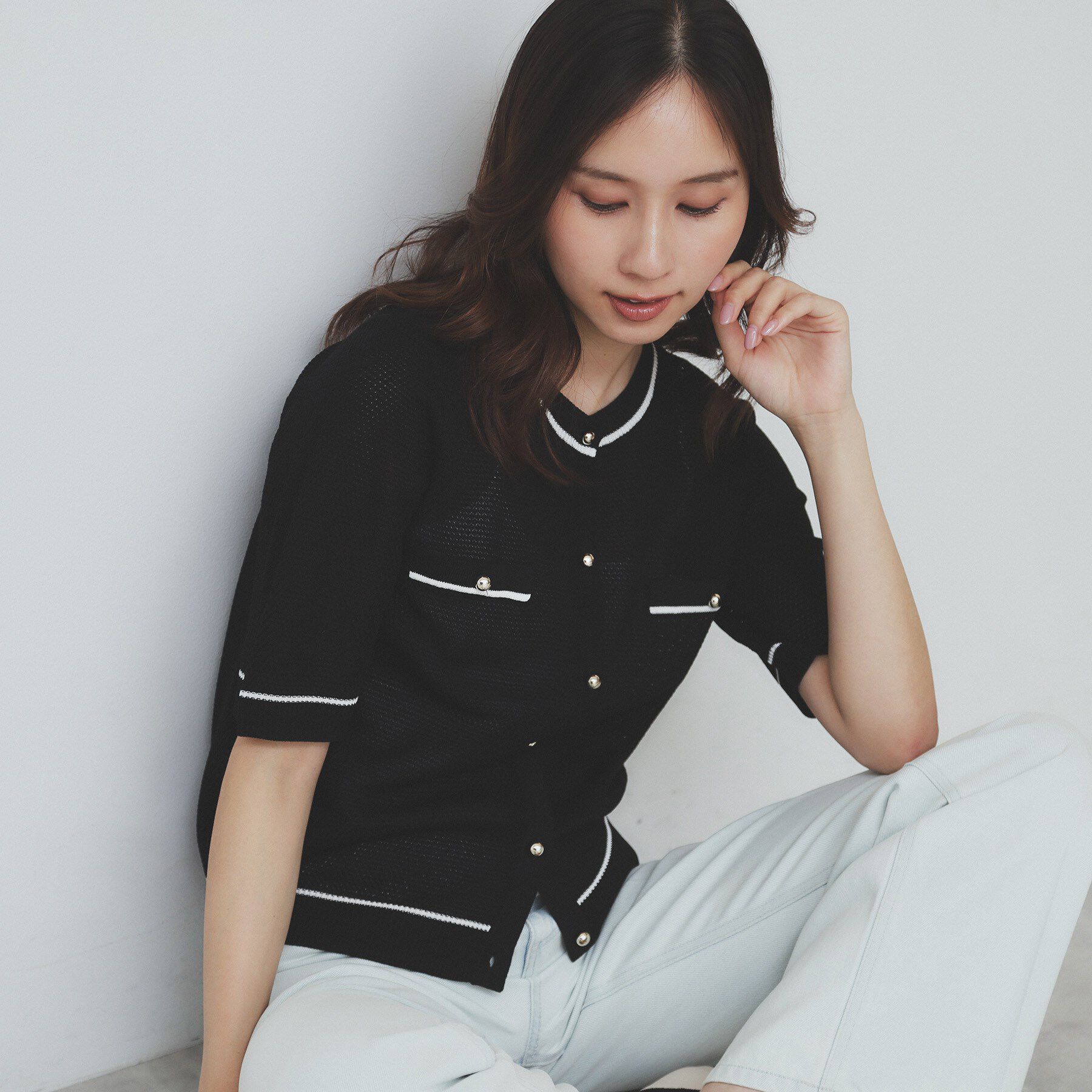 index「バイカラー半袖カーディガン【洗える/抗ピル】」|カーディガン|ブラック(819)