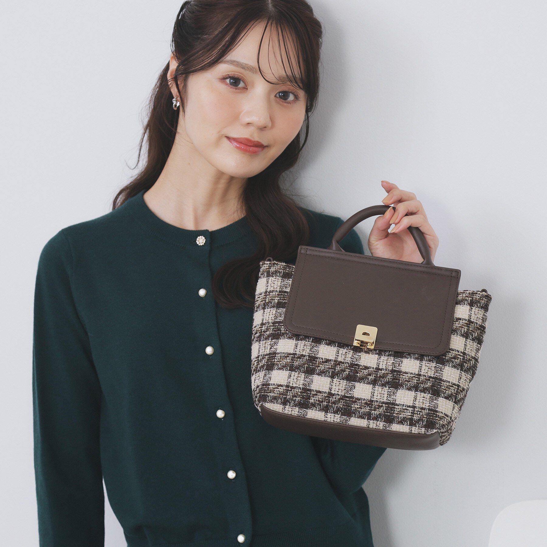 index「【2WAY】ラメツイードチェックコンビミドルハンドバッグ」|ハンドバッグ|