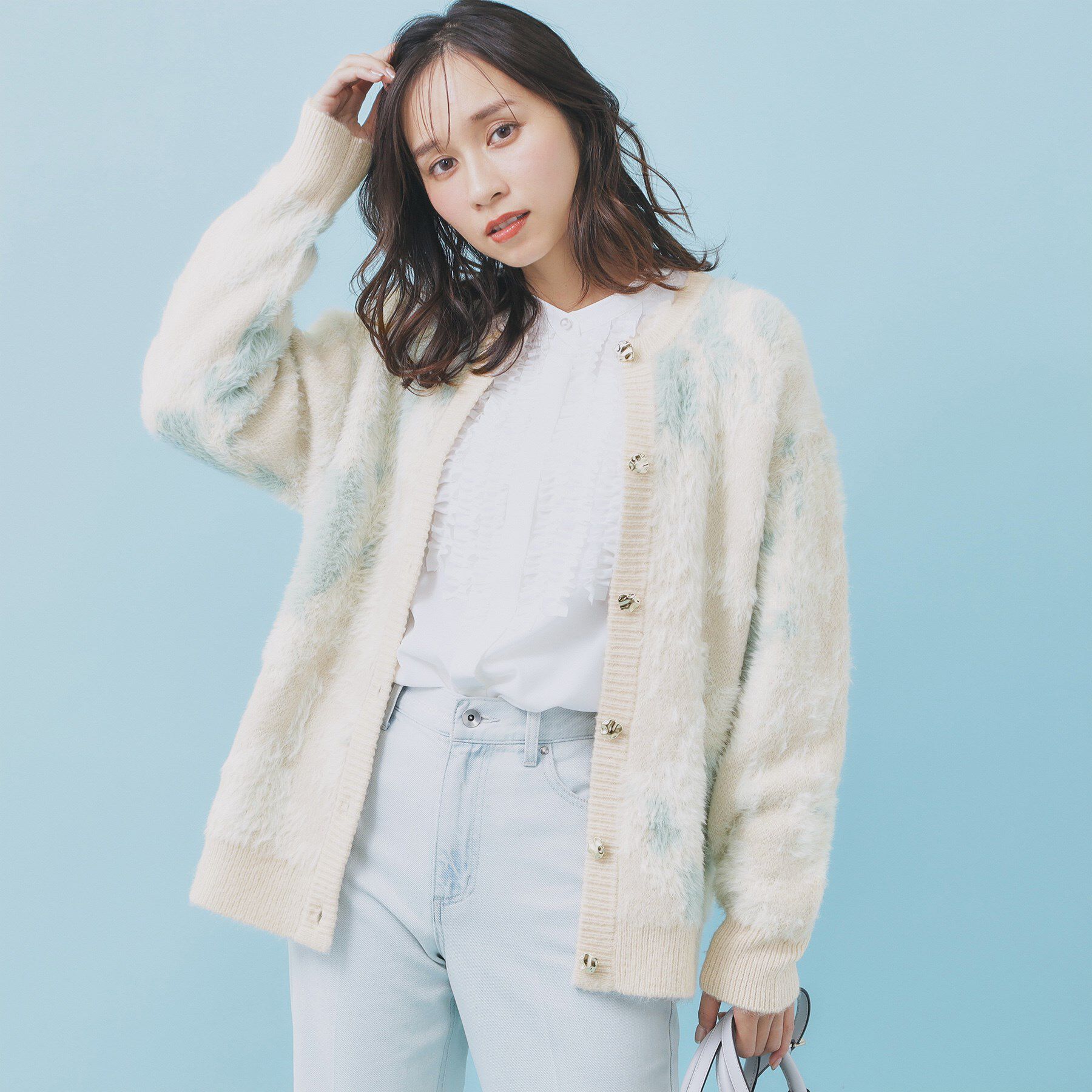 index「フェザー幾何ジャカードクルーミドルカーディガン【洗濯機OK】」|カーディガン|