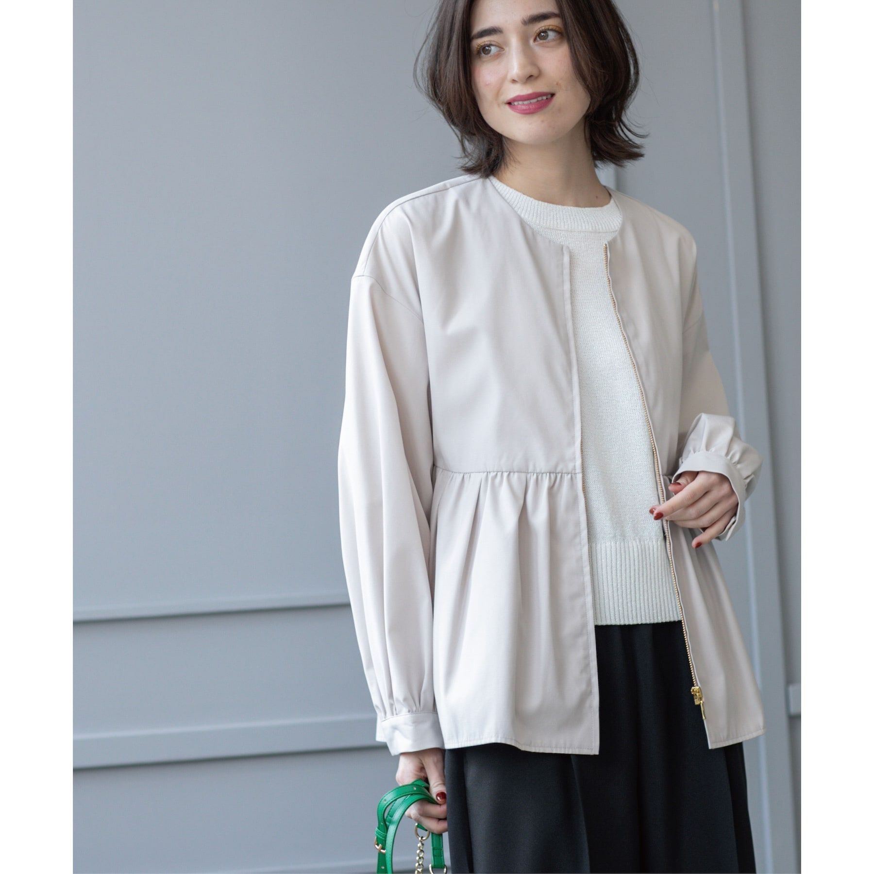 OPAQUE.CLIP「撥水ノーカラーペプラムブルゾン【洗濯機洗い可/花粉対応】」|ノーカラージャケット|