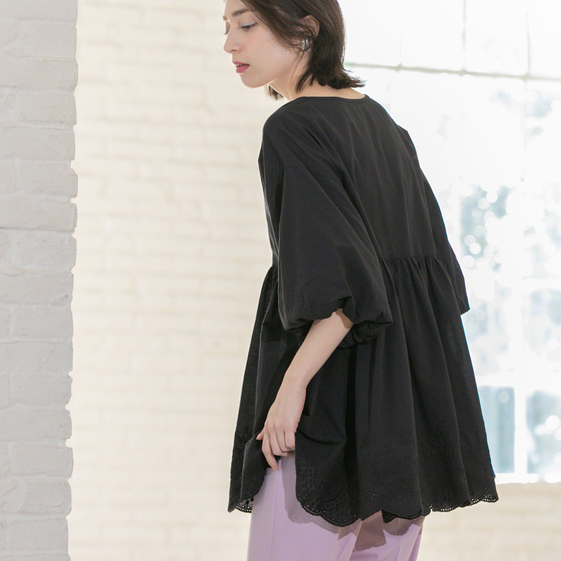 OPAQUE.CLIP「バルーン袖スカラップ刺繍レースチュニック」|シャツ・ブラウス|