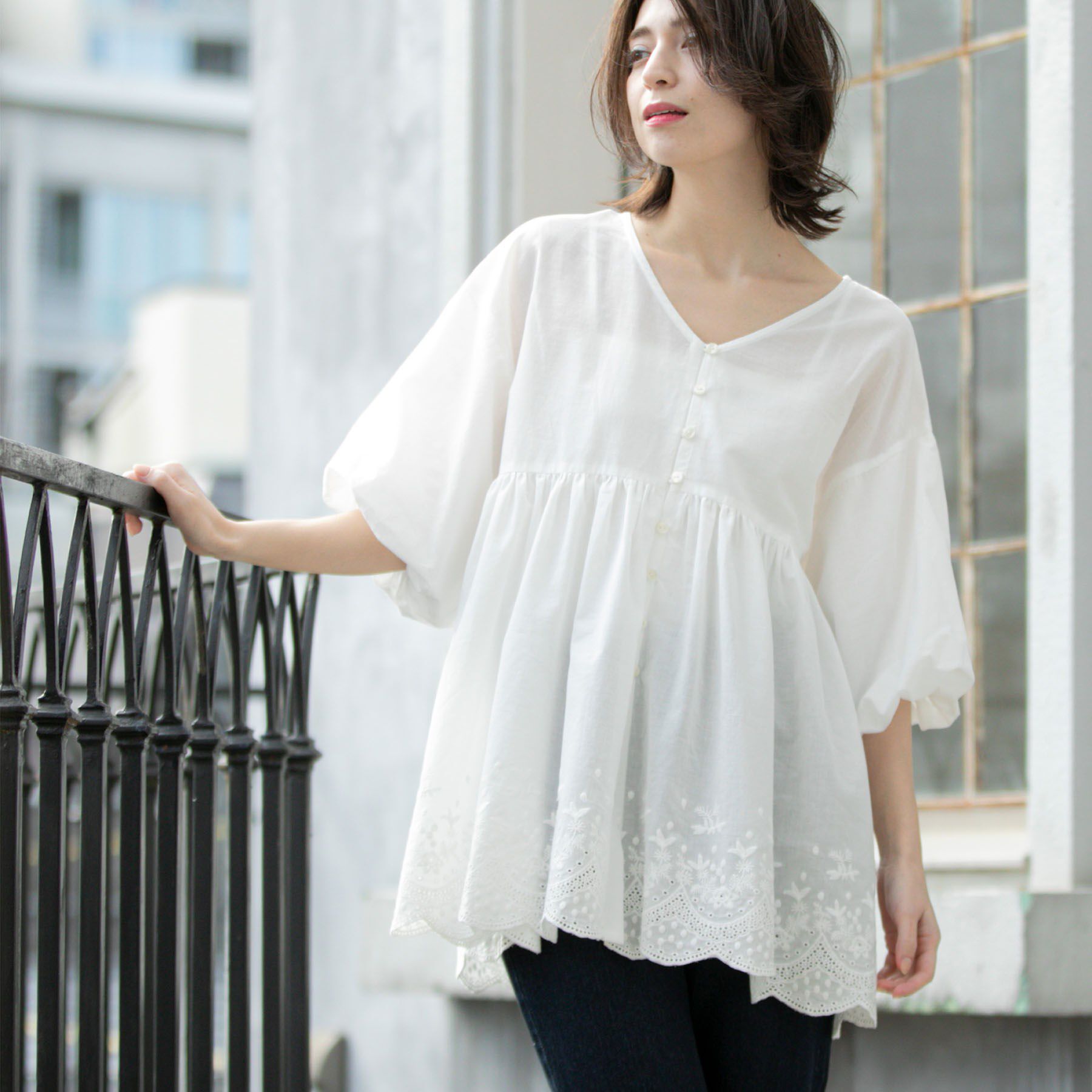 OPAQUE.CLIP「バルーン袖スカラップ刺繍レースチュニック」|シャツ・ブラウス|