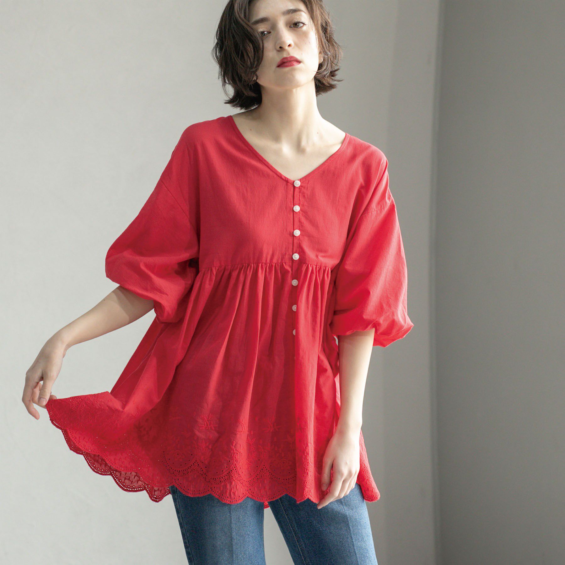 OPAQUE.CLIP「バルーン袖スカラップ刺繍レースチュニック」|シャツ・ブラウス|レッド(062)