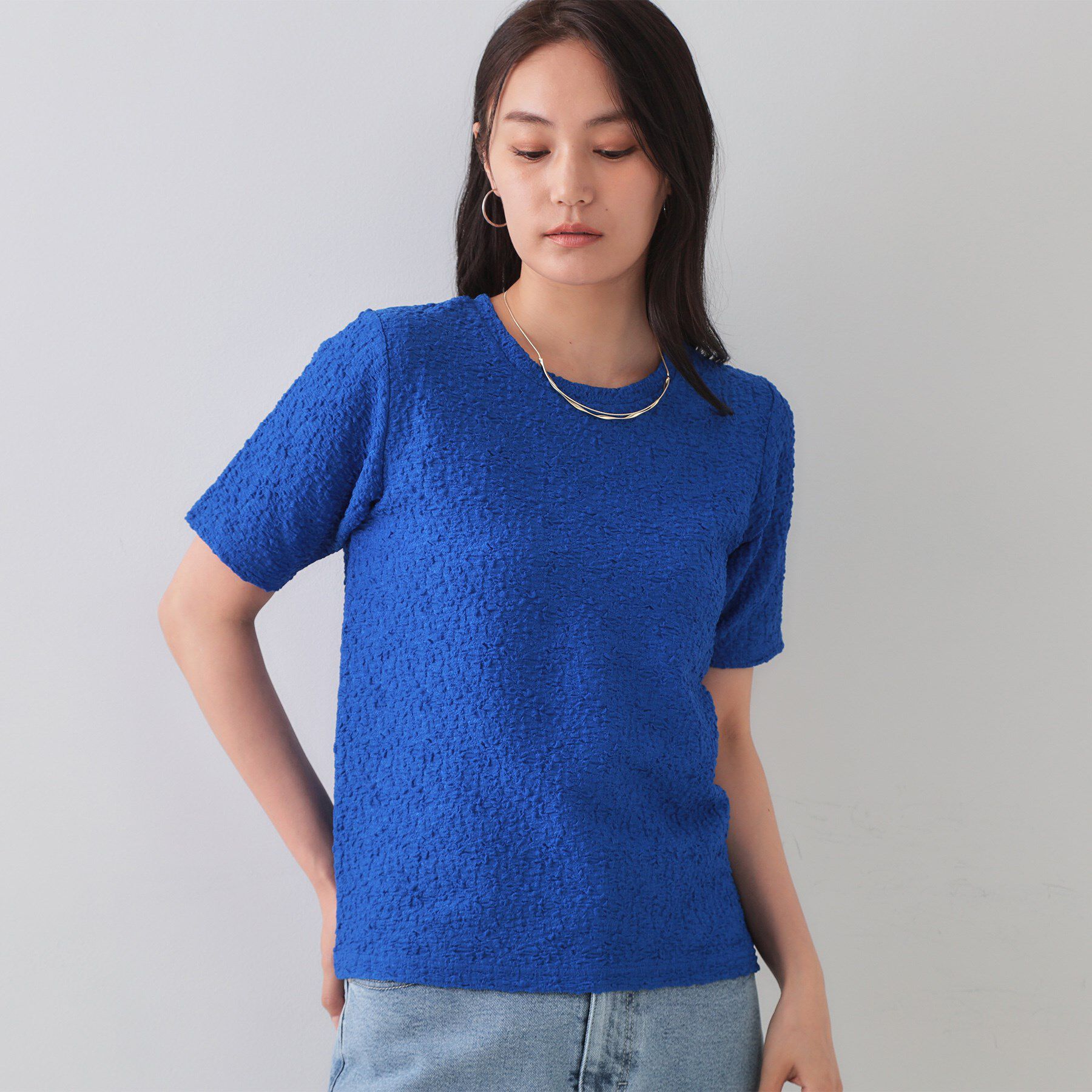 OPAQUE.CLIP「ふくれジャカードショートカットソー【洗濯機洗い可】」|Tシャツ・カットソー|ブルー(093)