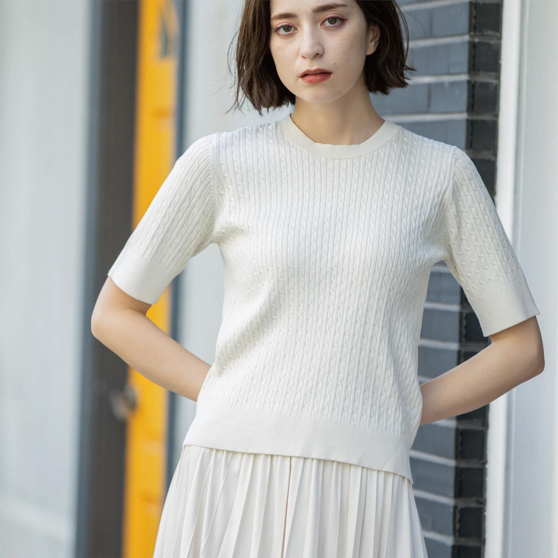 OPAQUE.CLIP「ケーブルハーフスリーブニット【UVケア/洗濯機OK】《6col/S～LL》」|ニット・セーター|