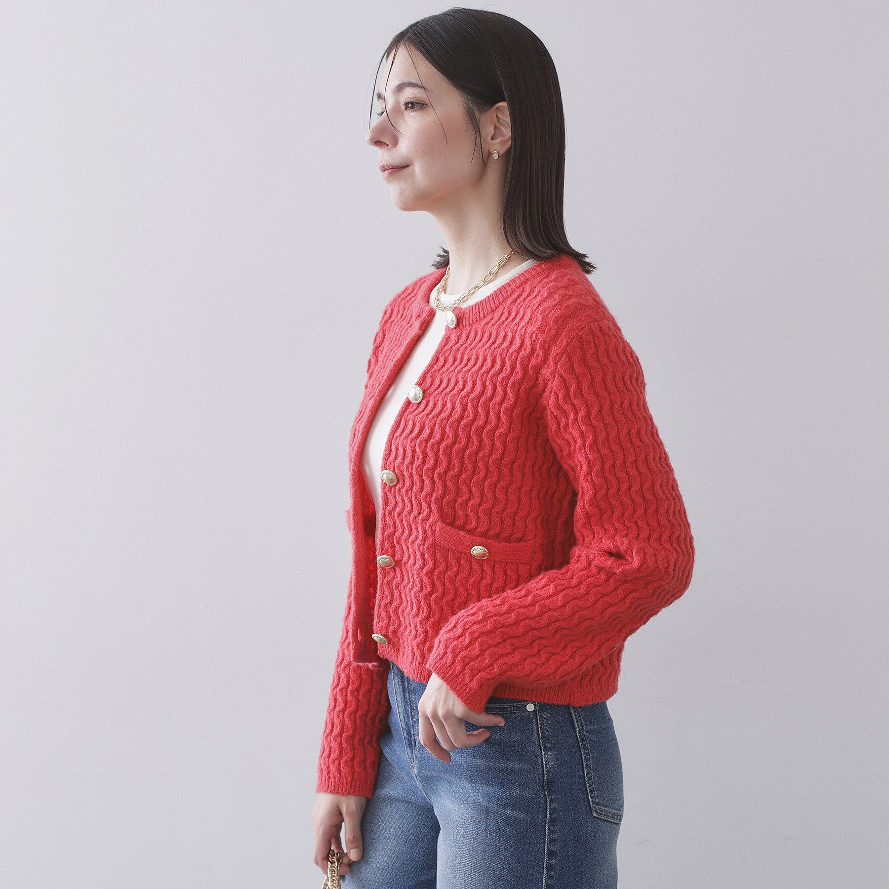 OPAQUE.CLIP「モヘヤタッチケーブル金ボタンカーディガン【洗濯機OK】」|カーディガン|