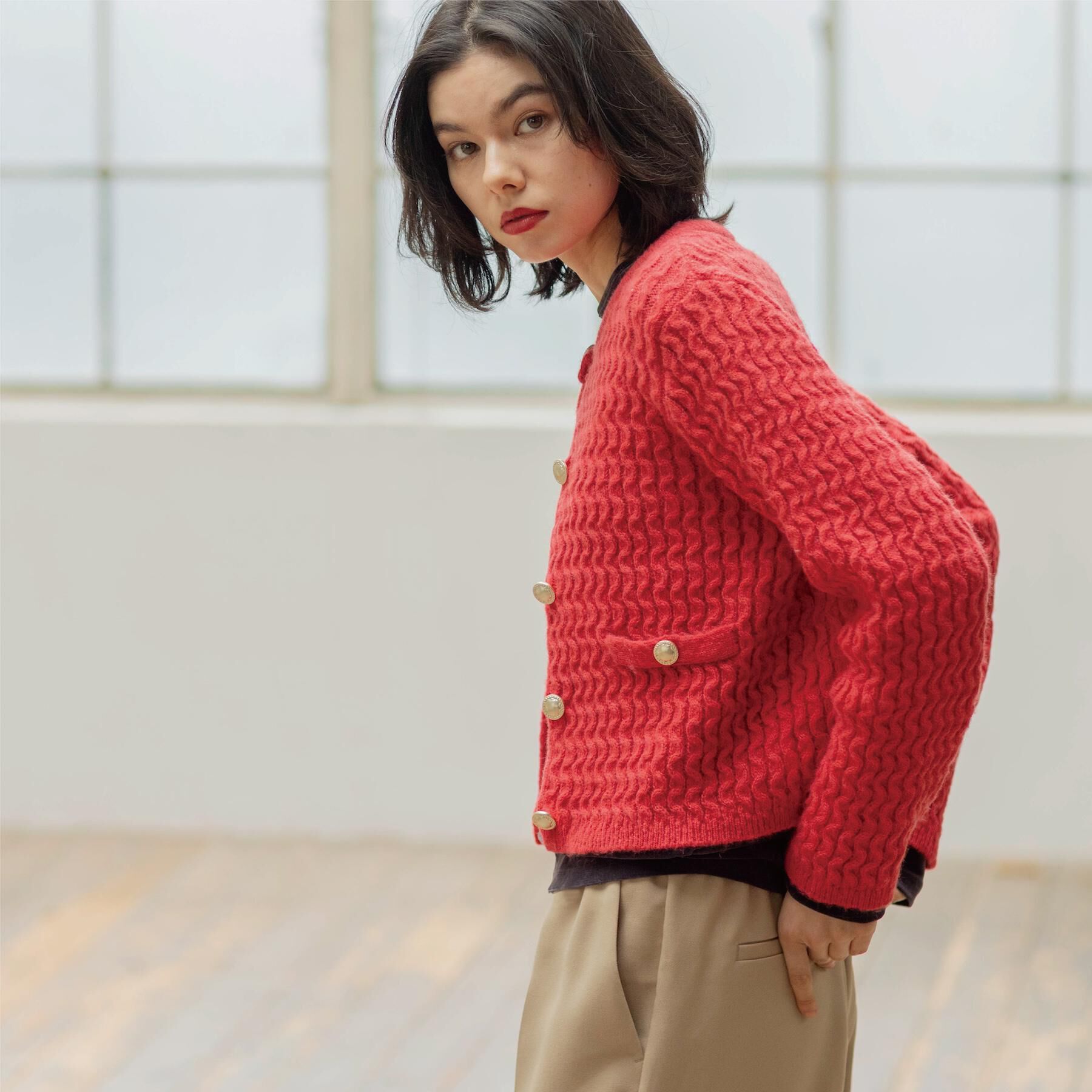 OPAQUE.CLIP「モヘヤタッチケーブル金ボタンカーディガン【洗濯機OK】」|カーディガン|ピンク(073)
