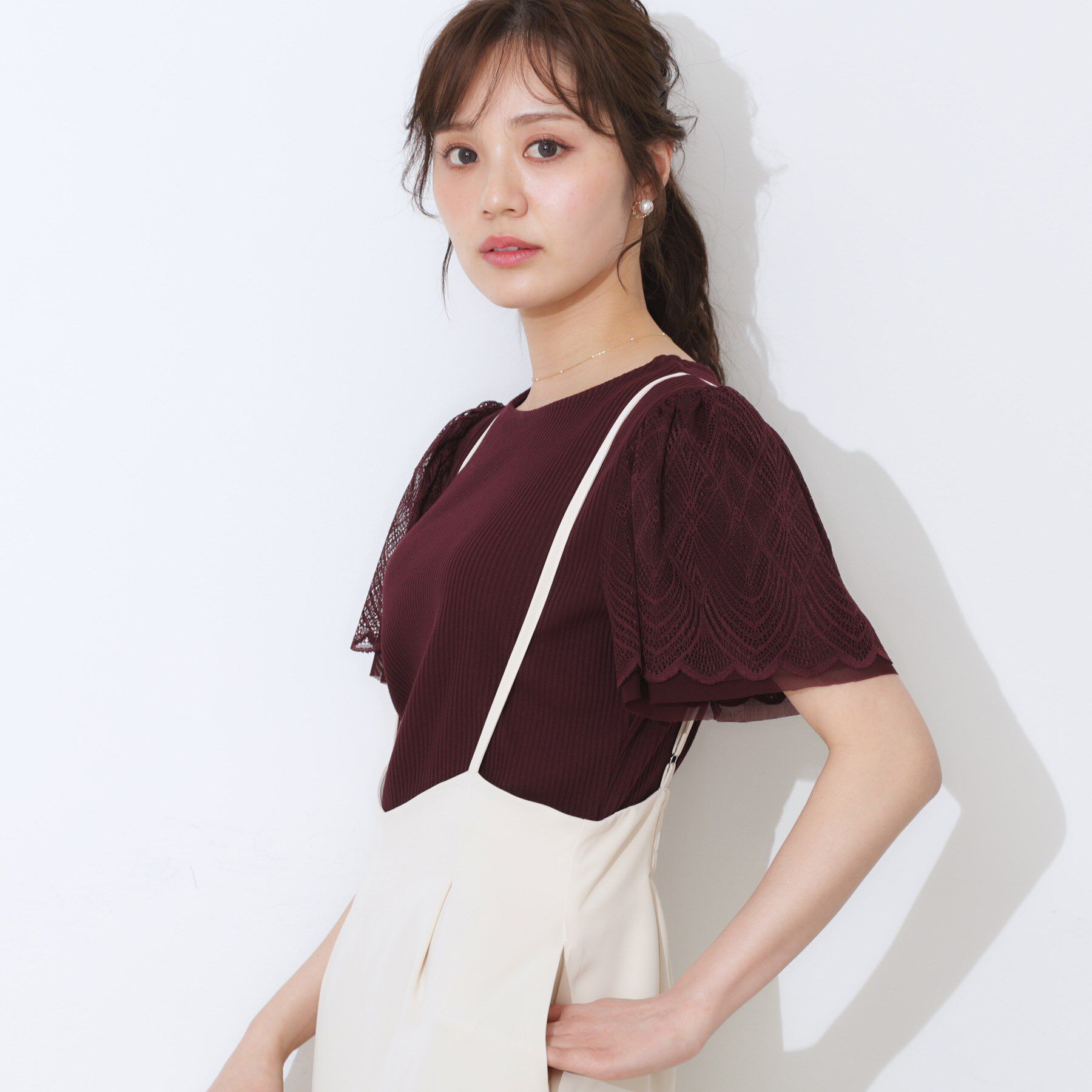 Couture broach「【二の腕カバー・通勤】レース袖テレコトップス」|Tシャツ・カットソー|