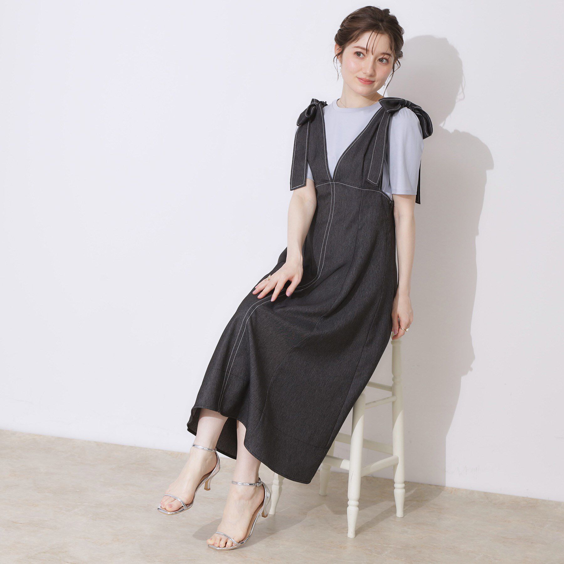 Couture broach「デニムライク肩リボンワンピース」|ワンピース|ブラック(019)
