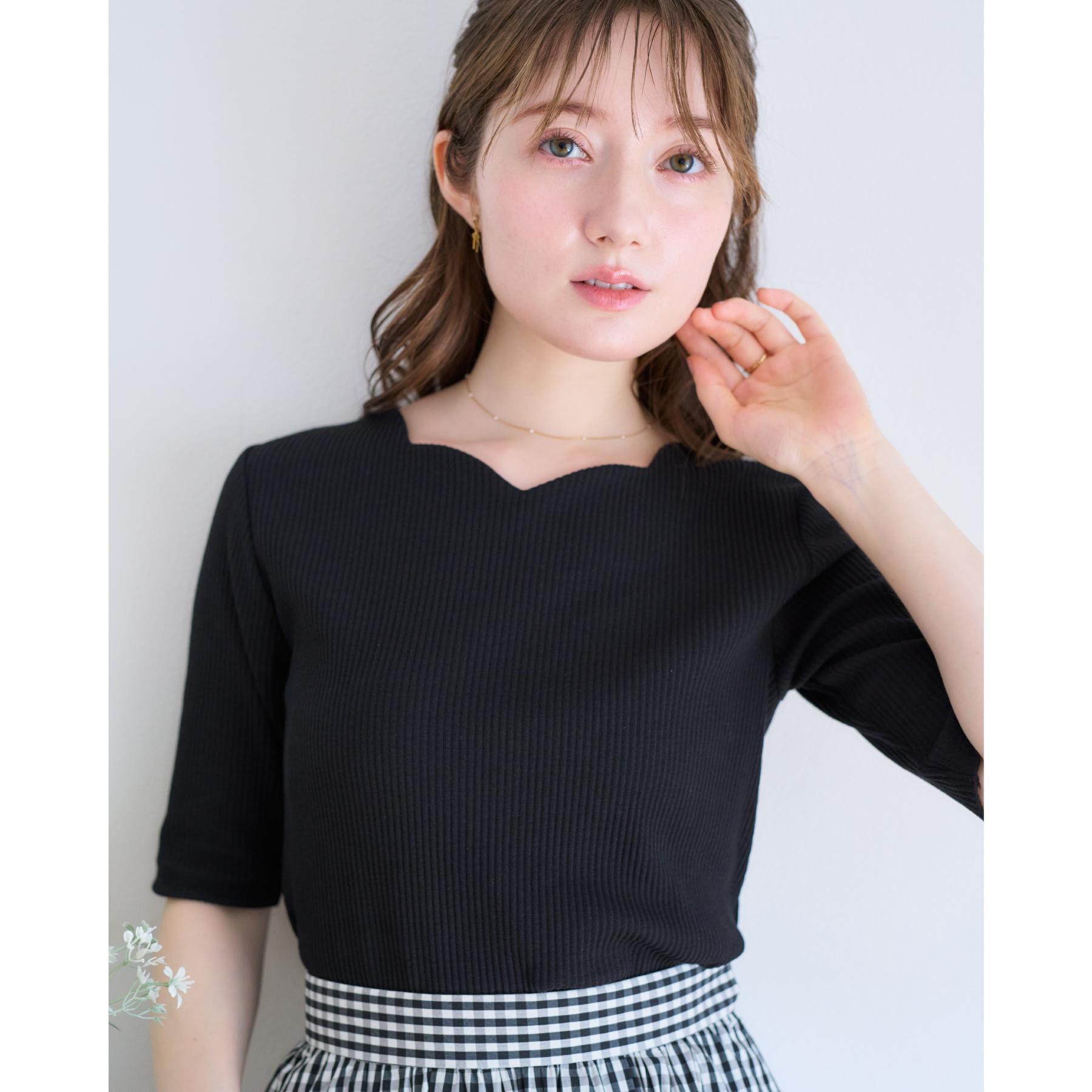 Couture broach「【マシンウォッシャブル・アンチピリング・二の腕カバー】ハートネックテレコ5分袖プルオーバー」|Tシャツ・カットソー|