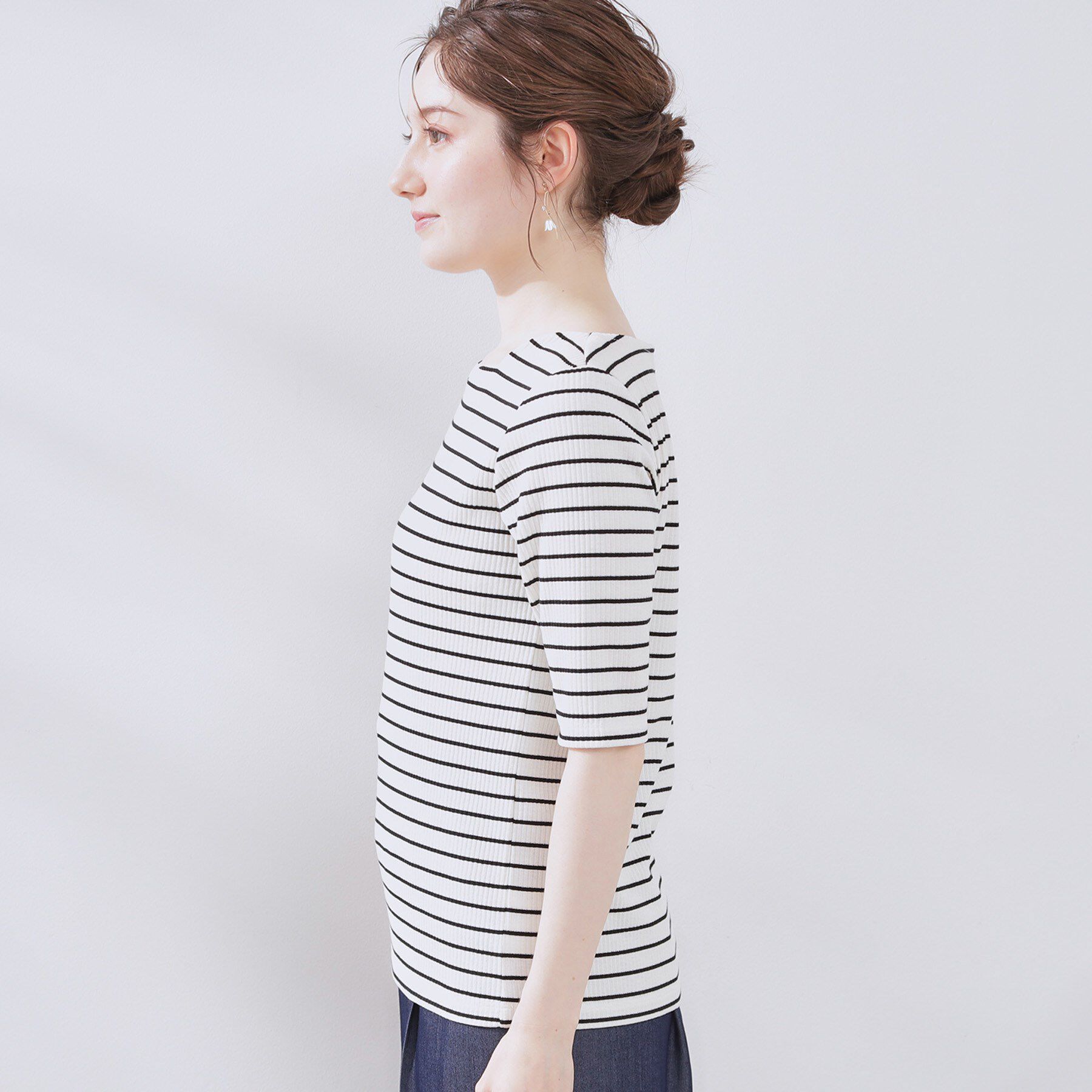 Couture broach「【マシンウォッシャブル・アンチピリング・二の腕カバー】ハートネックテレコ5分袖プルオーバー」|Tシャツ・カットソー|