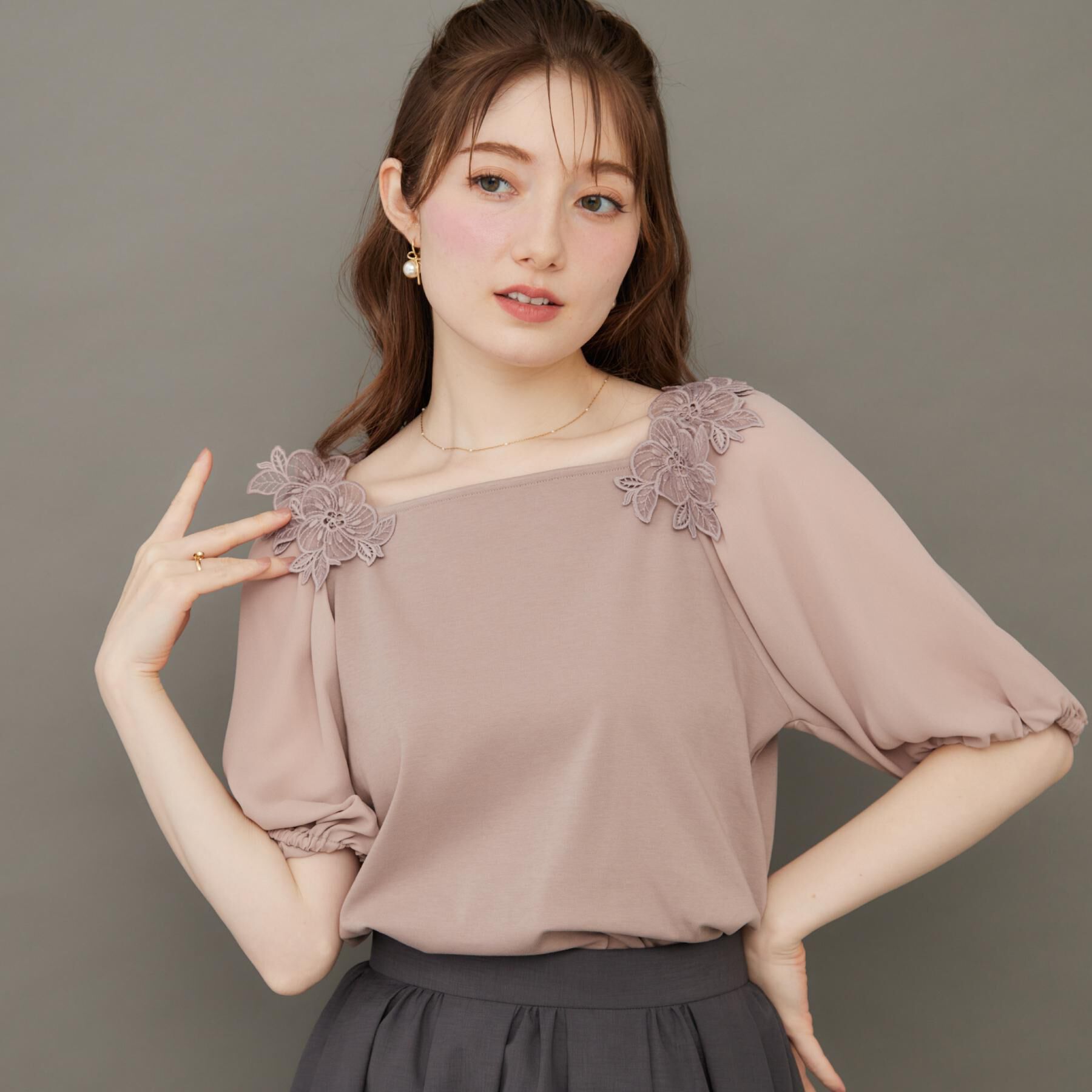 Couture broach「【マシンウォッシャブル・UVケア・接触冷感】ラグランレースドッキングカットソー」|Tシャツ・カットソー|ピンクベージュ(05