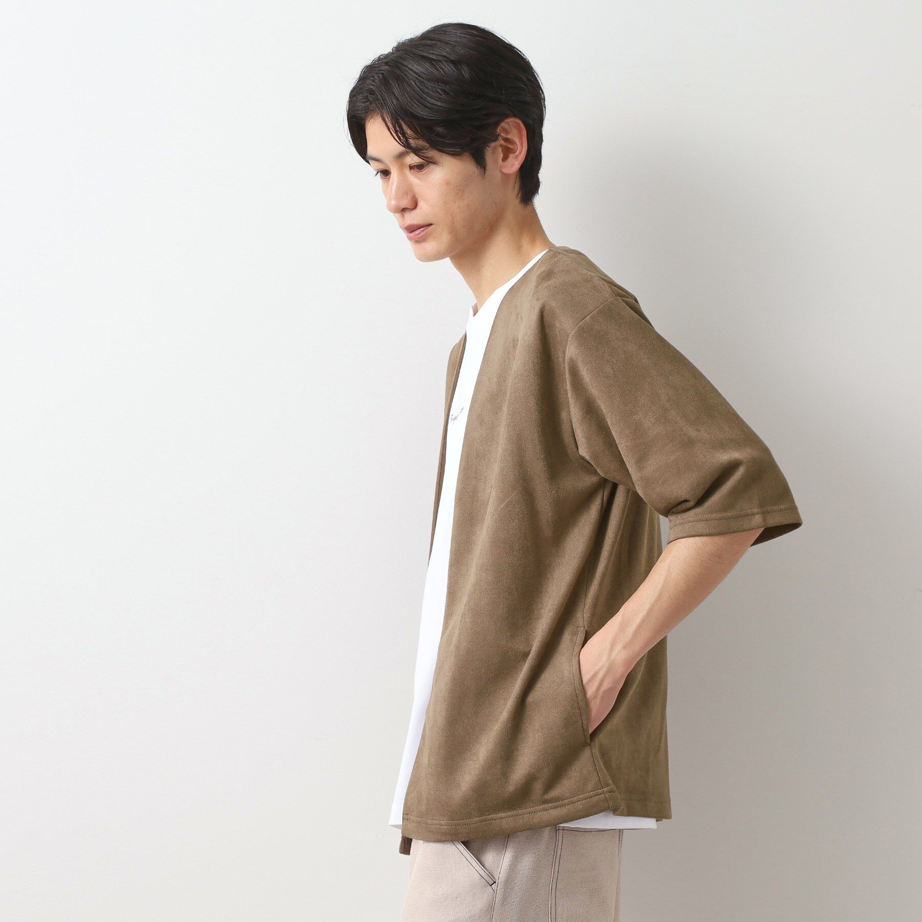 THE SHOP TK「フェイクスウェードアンサンブルカーディガン【五分袖カーディガン＋半袖Tシャツセットアイテム】」|カーディガン|