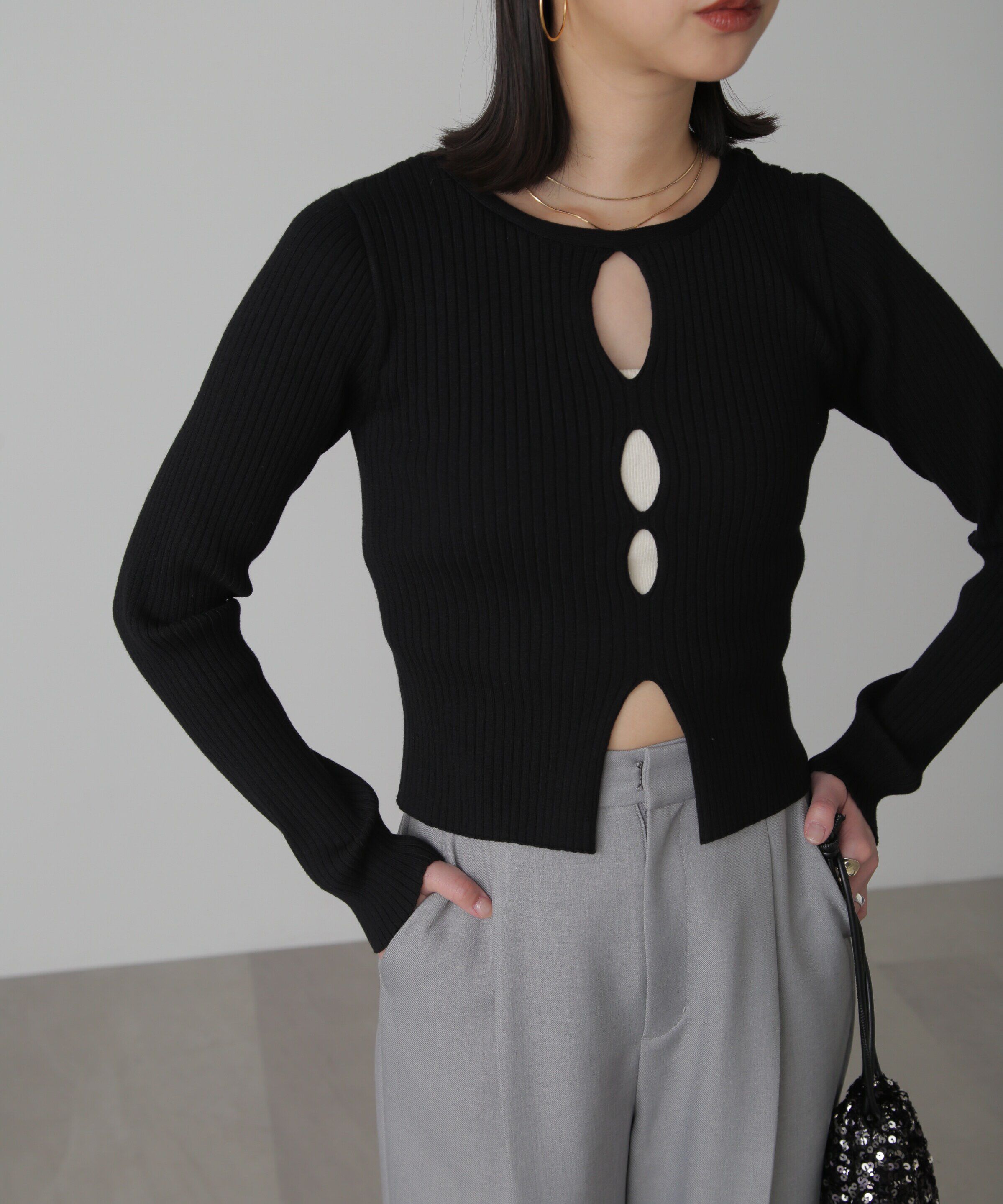  「前後2Wayスリットカットアウトリブニット」|ニット・セーター|