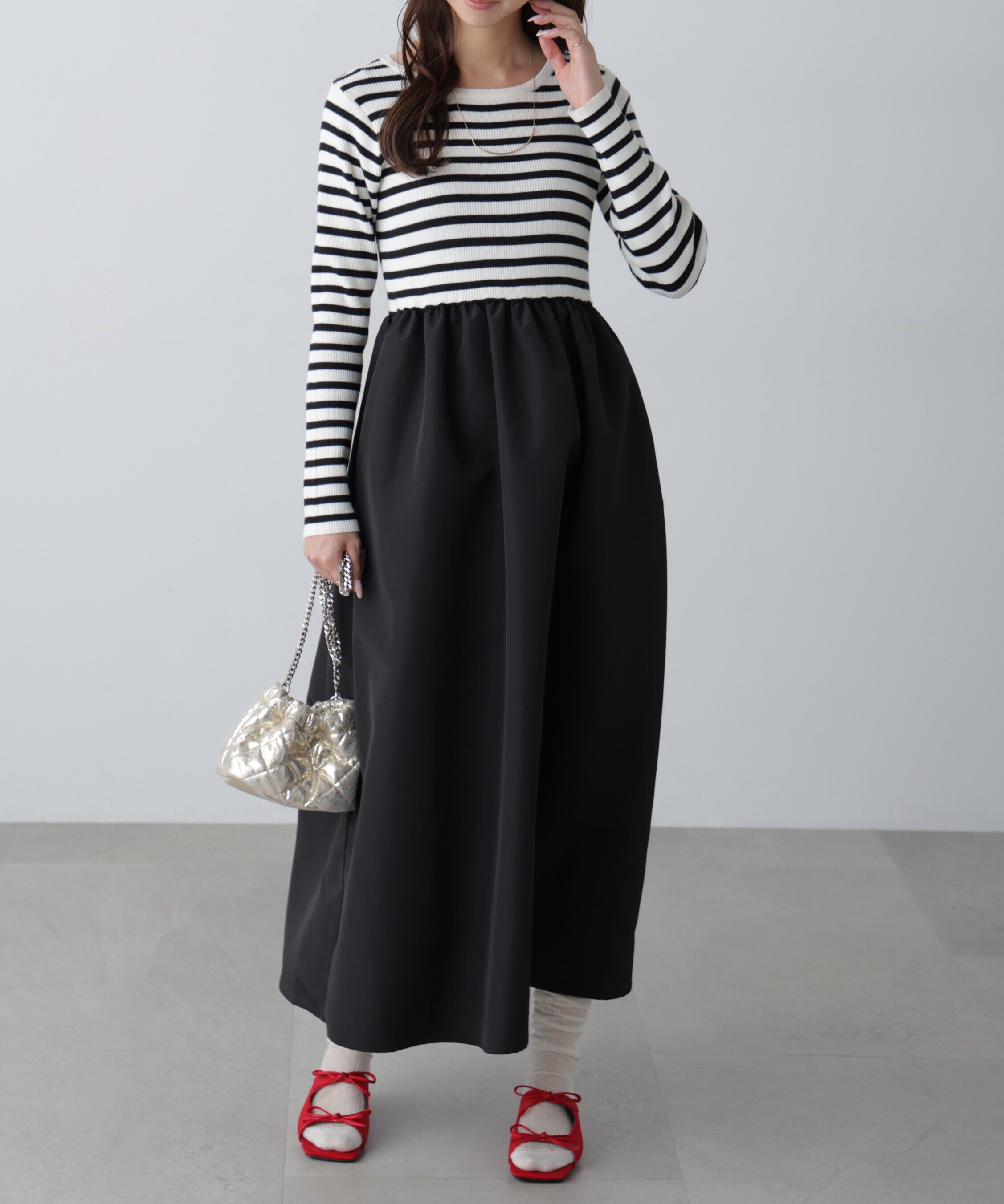  「布帛ドッキングクルーネックワンピース」|ワンピース|