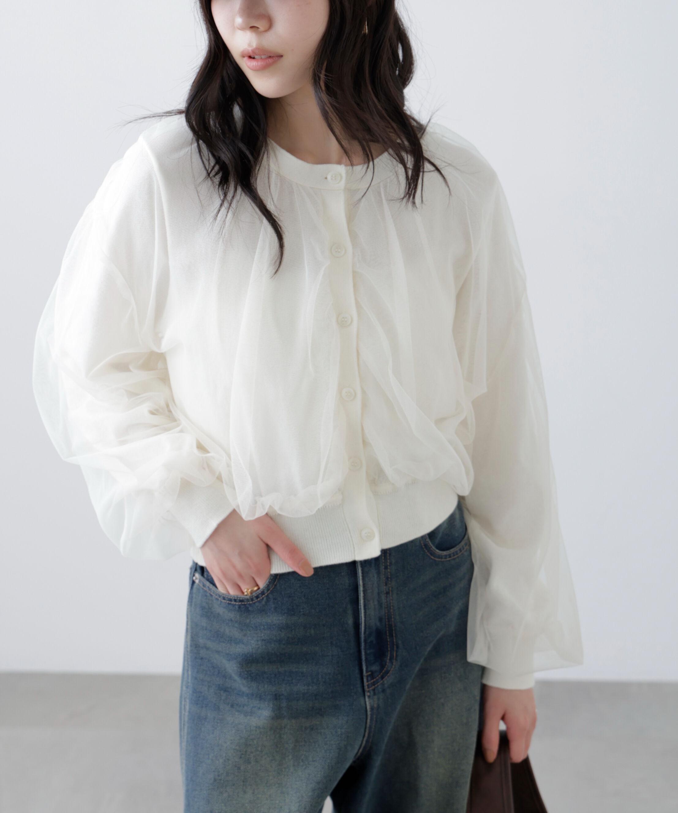  「チュールレイヤードクルーネックニットカーディガン」|ニット・セーター|