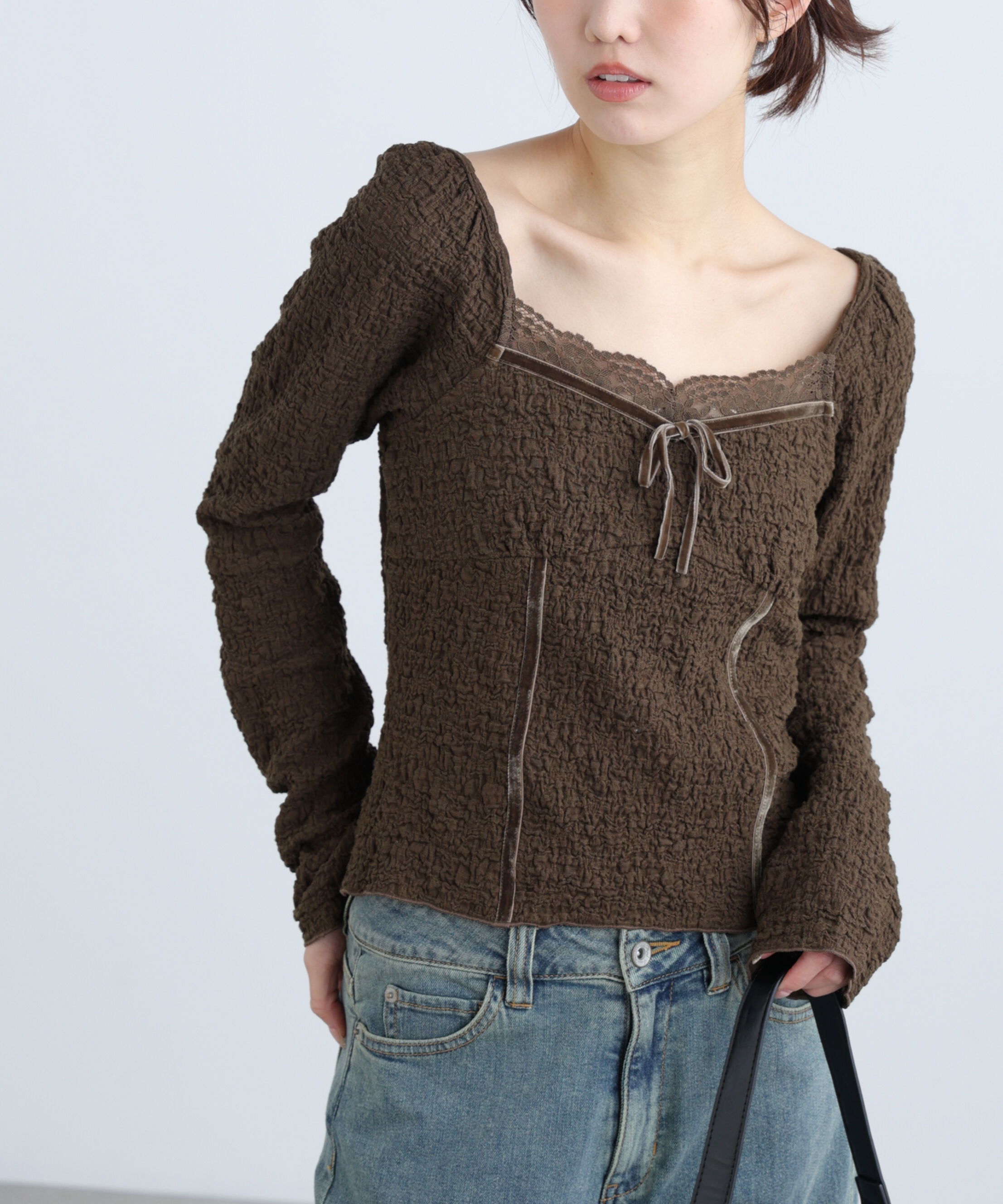  「レーストリムジャガード長袖カットソー」|Tシャツ・カットソー|ブラウン