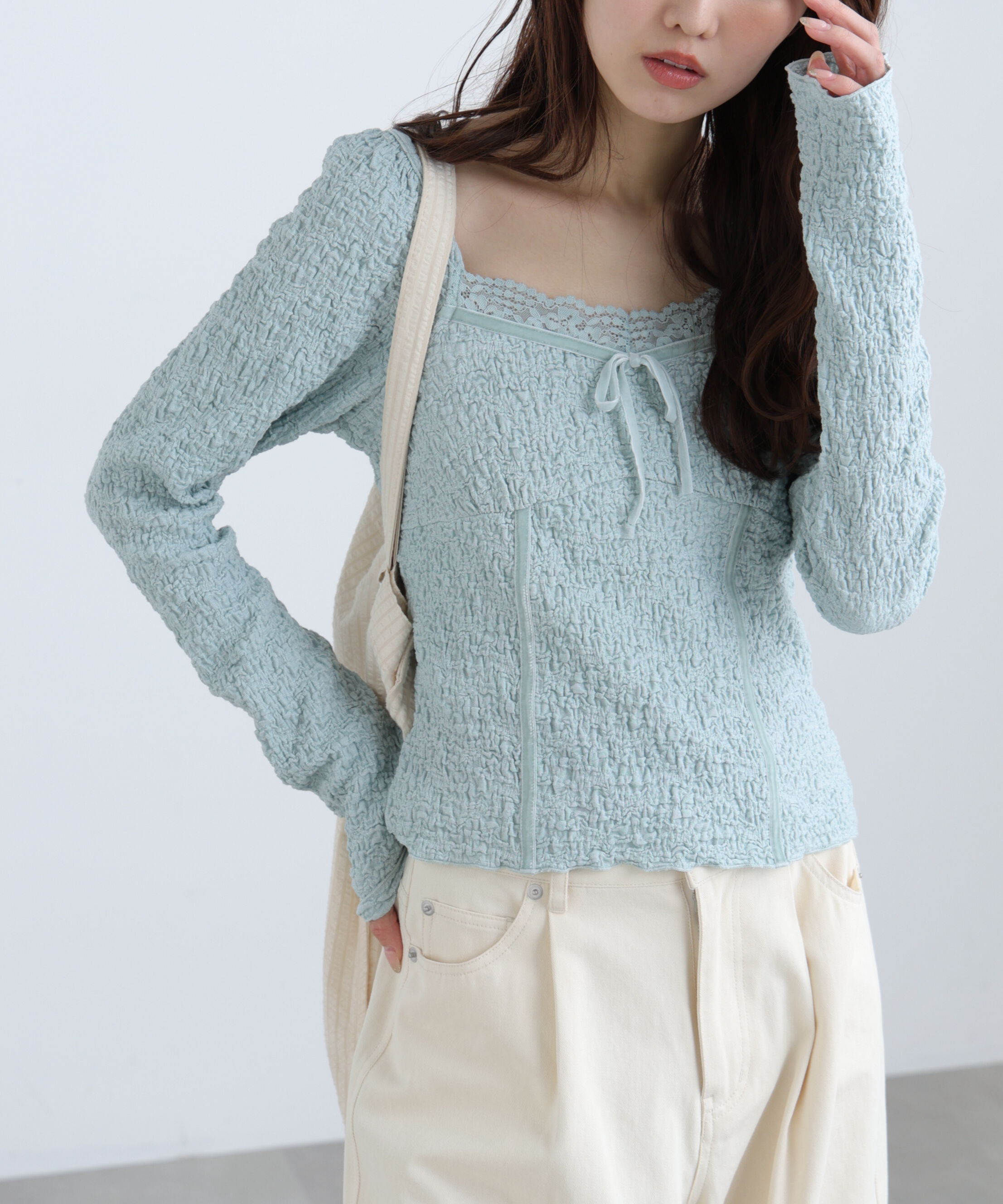  「レーストリムジャガード長袖カットソー」|Tシャツ・カットソー|