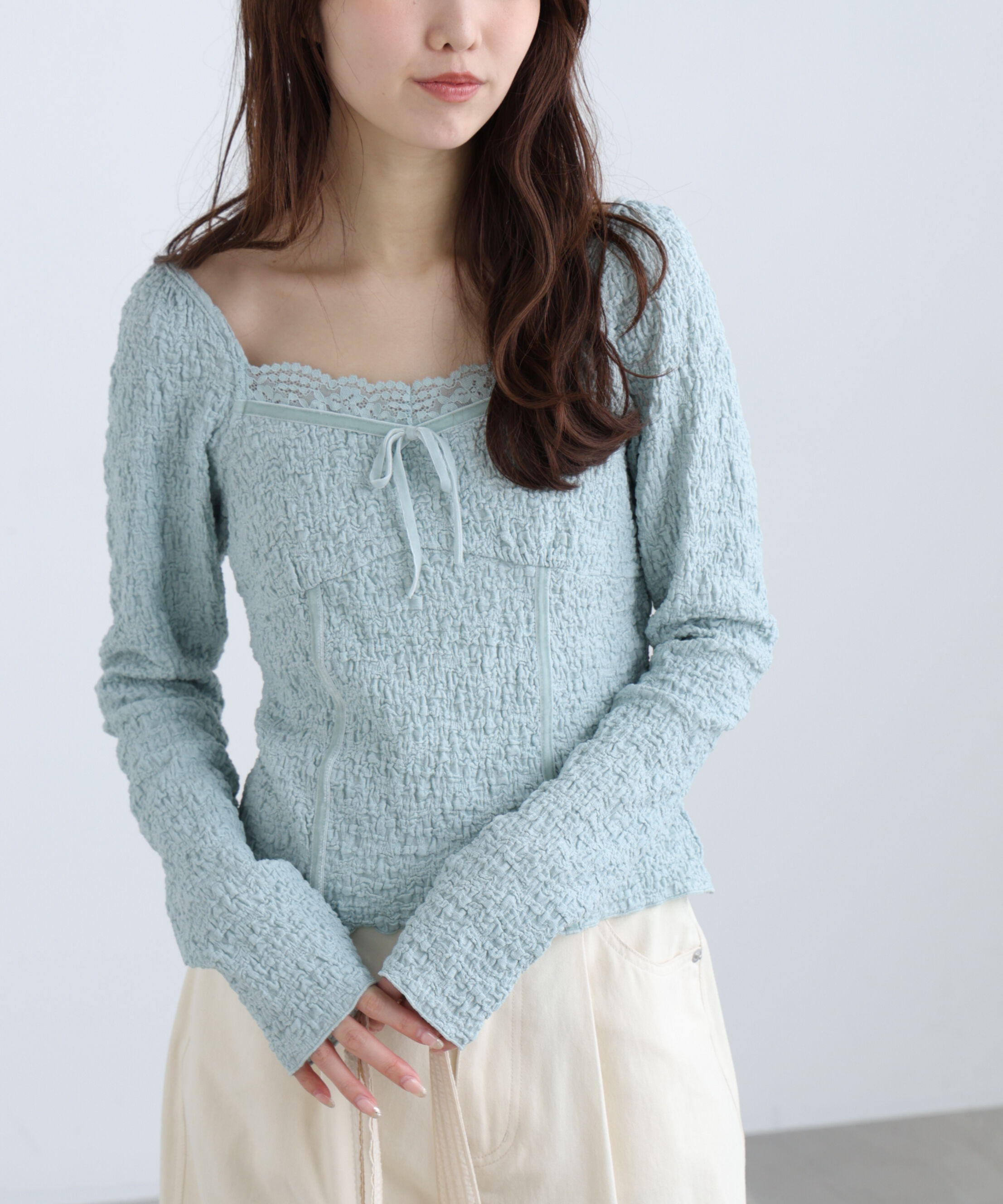  「レーストリムジャガード長袖カットソー」|Tシャツ・カットソー|