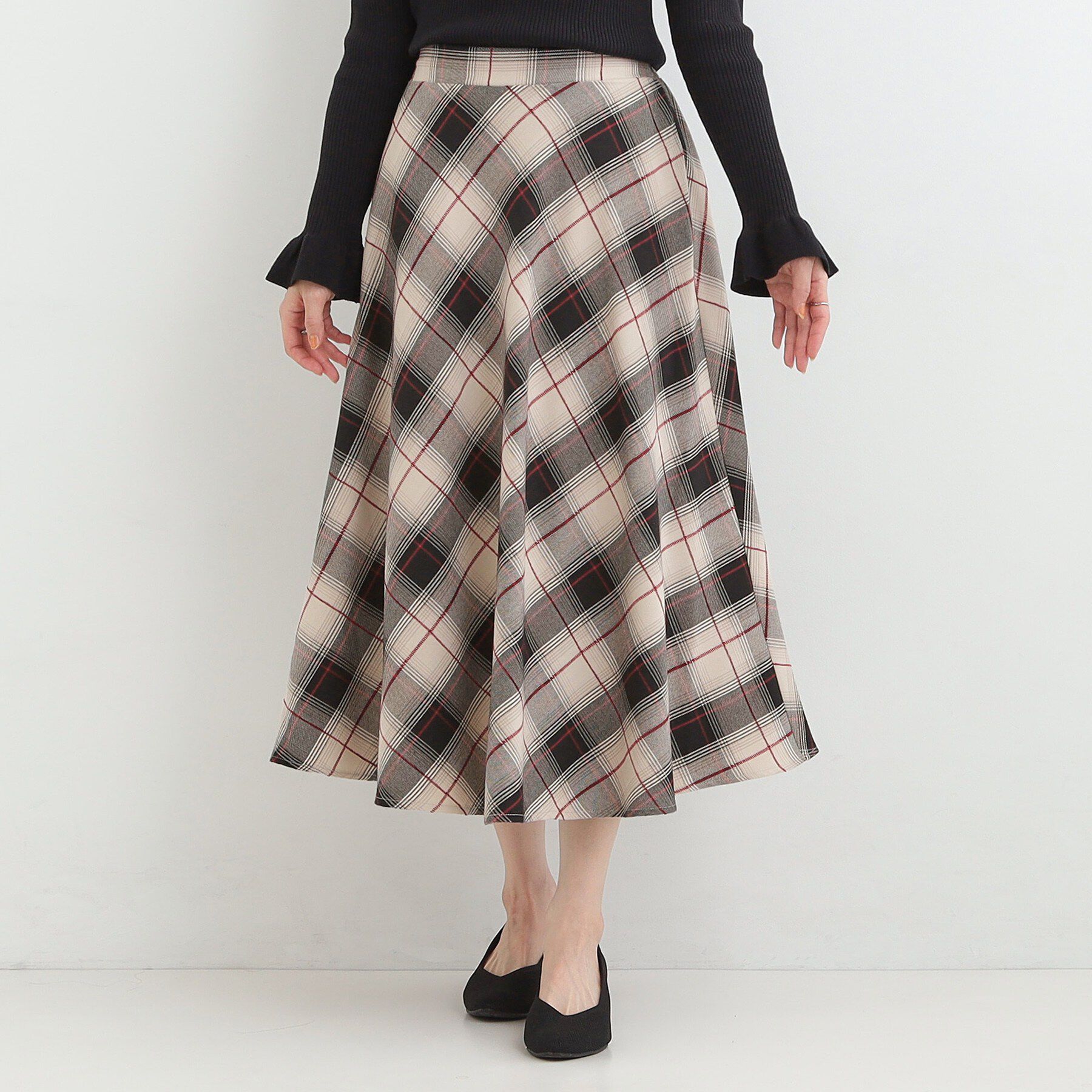 SHOO･LA･RUE「【S-LL】立体感が際立つ モールチェックフレアスカート」|スカート|