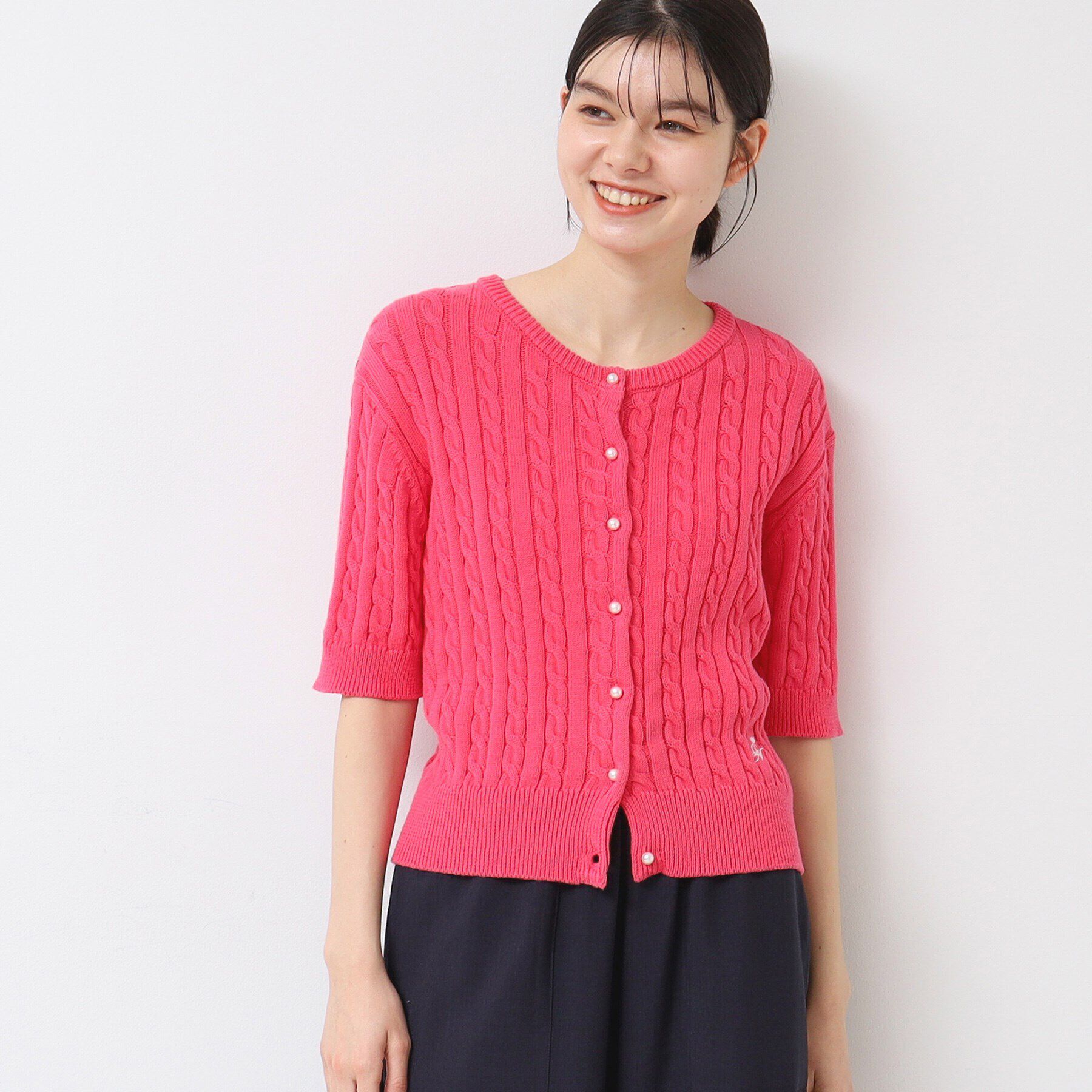 Dessin「【洗える】半袖ケーブルニットコットンカーディガン」|カーディガン|