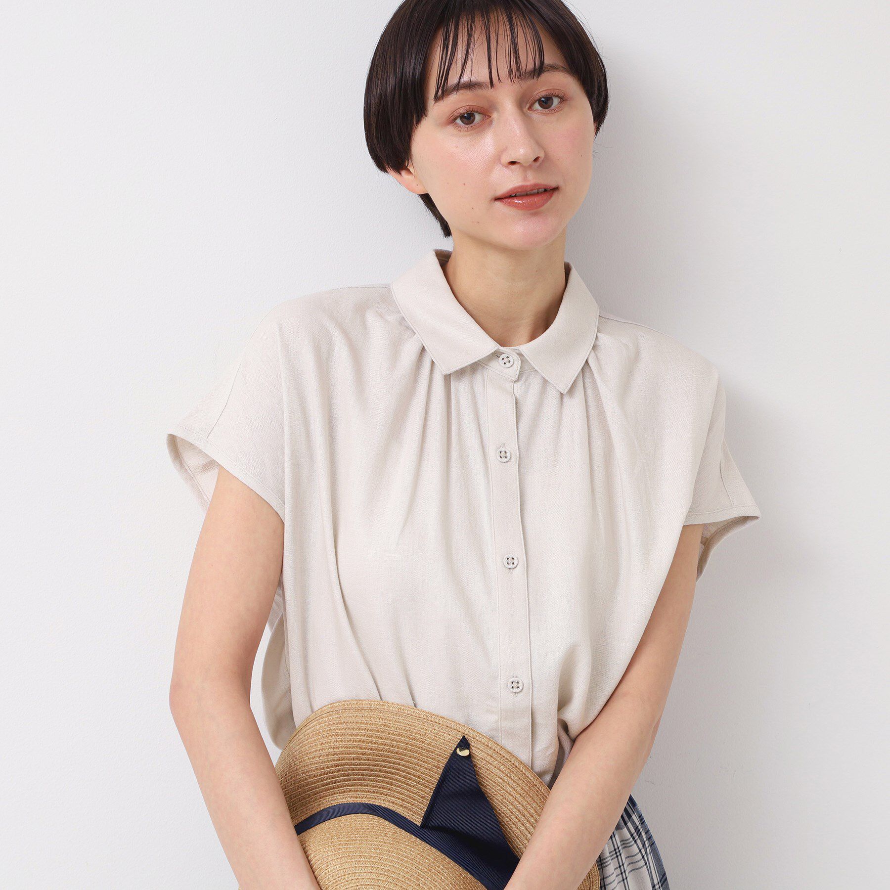 Dessin「【洗える】シャツカラーフレンチスリーブブラウス（XS～L）」|シャツ・ブラウス|グレージュ(050)