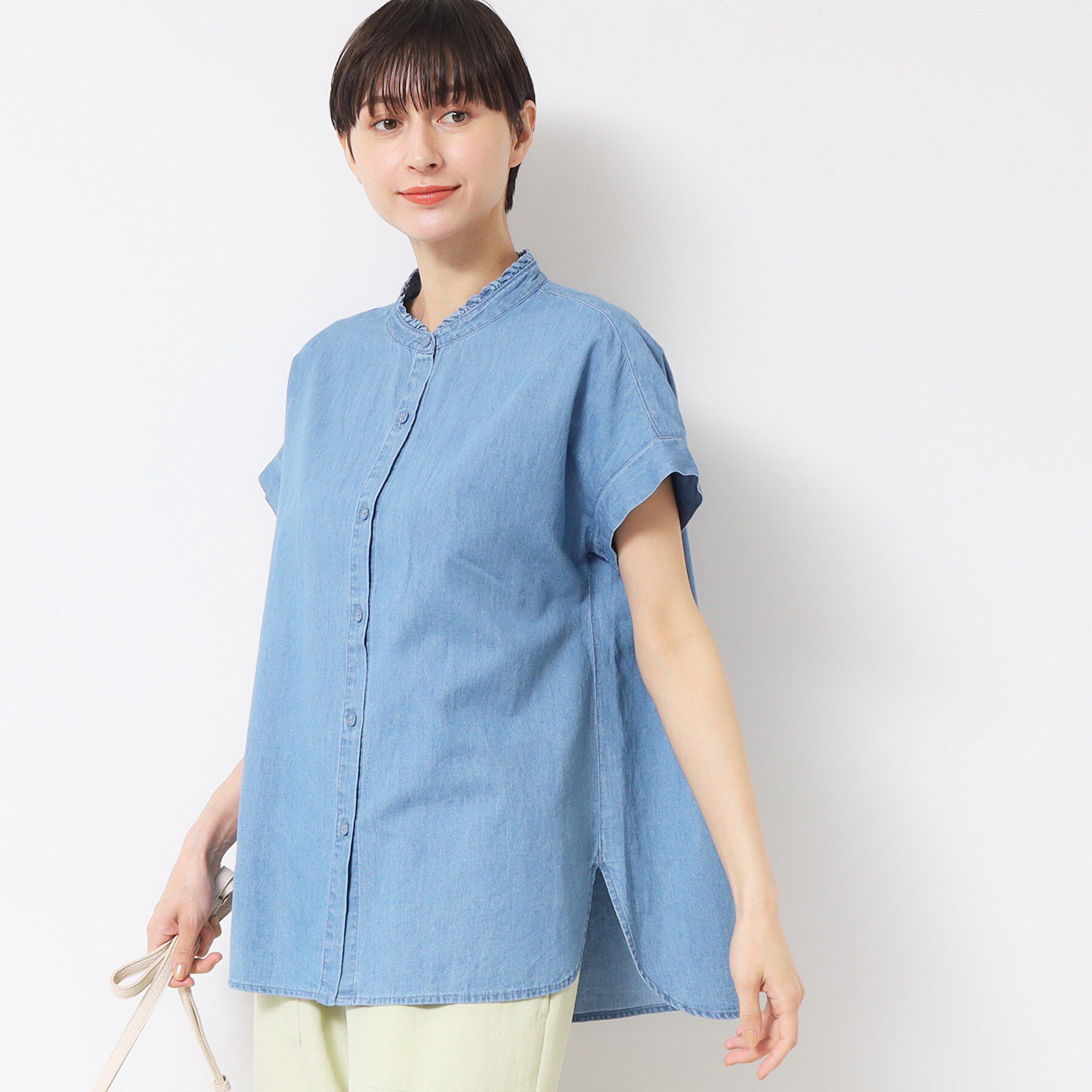 Dessin「【洗える】リネンブレンドデニムフリルシャツ」|シャツ・ブラウス|