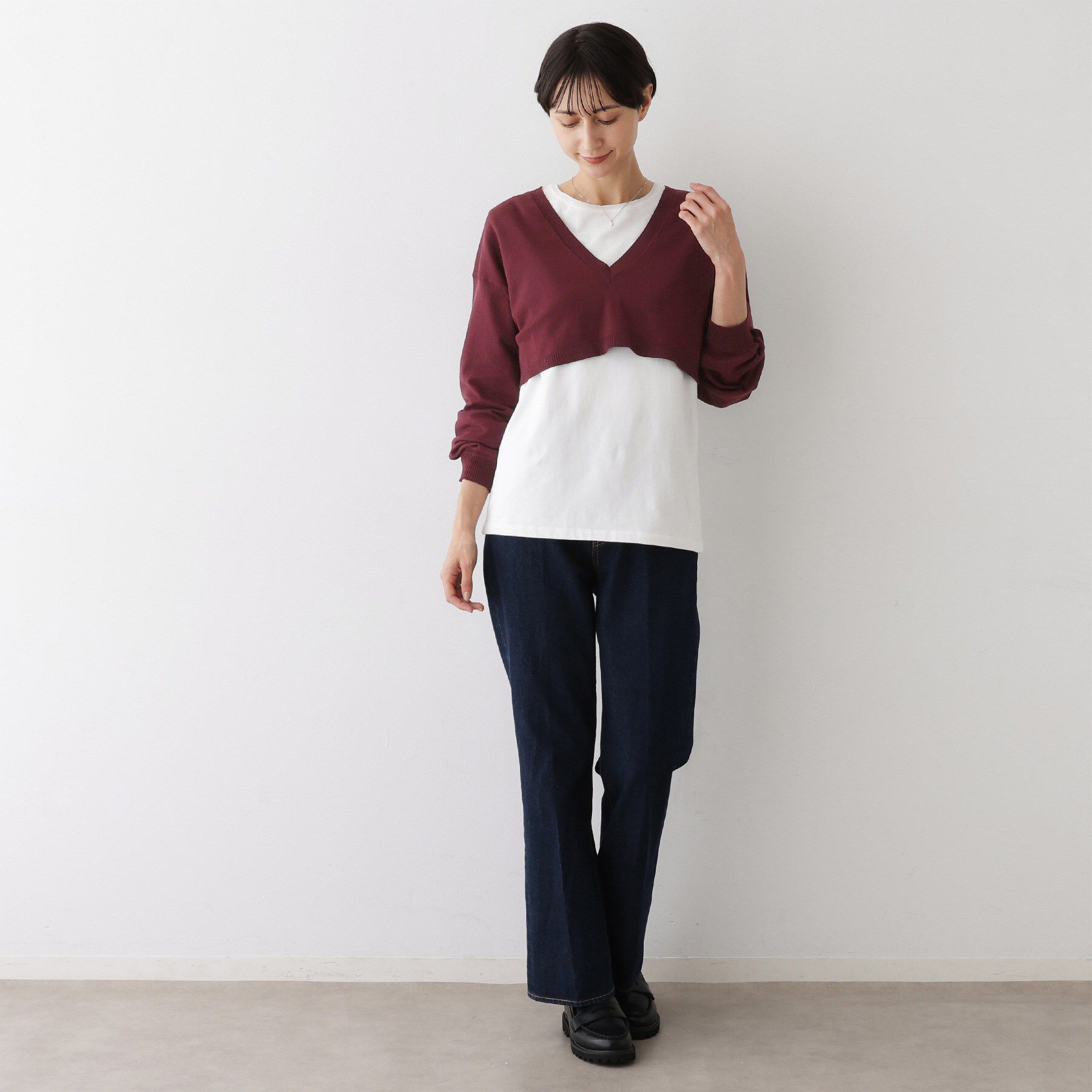 Dessin「【2点セット/3WAY/洗える】ノースリーブインナー付きVネックショート丈ニット」|ニット・セーター|