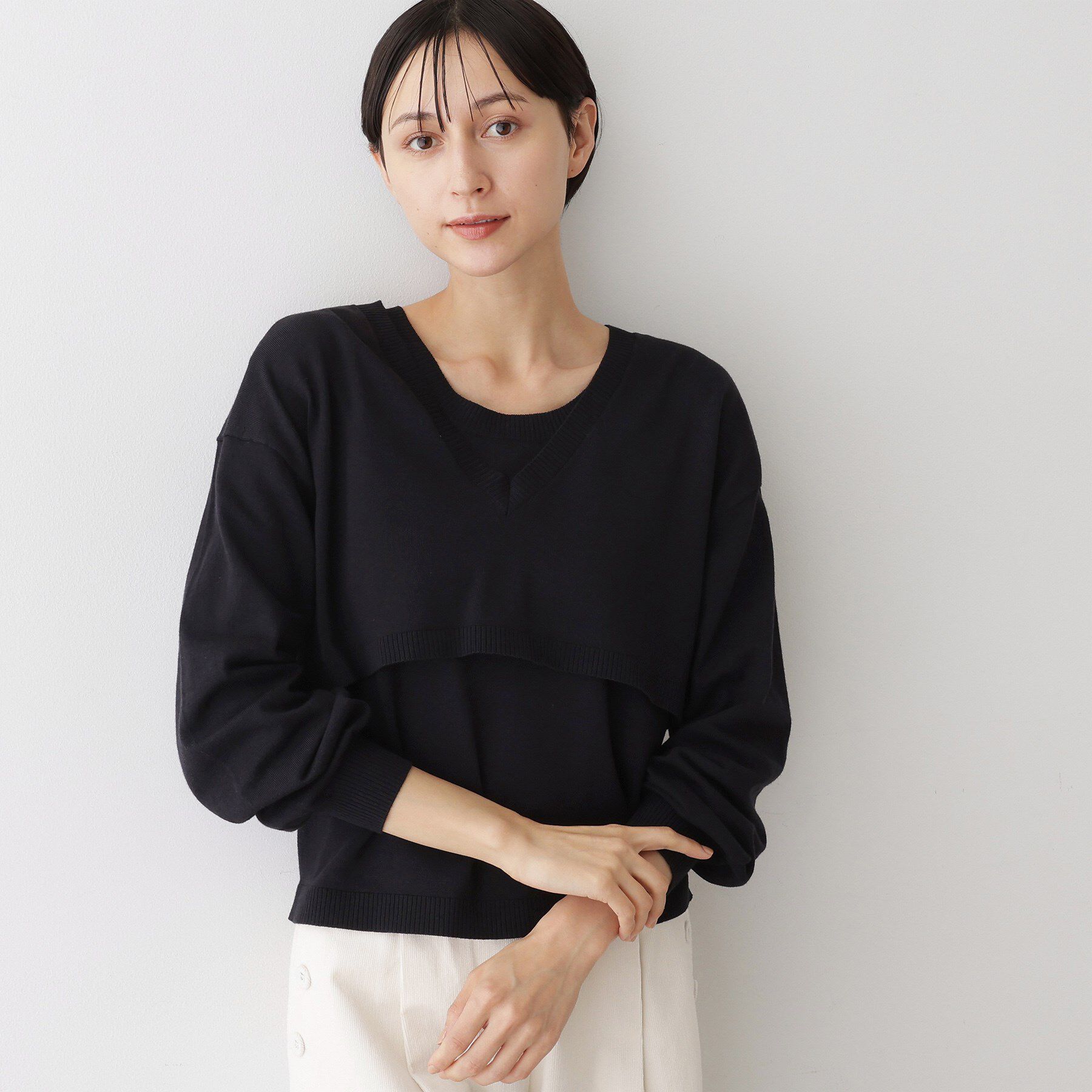 Dessin「【2点セット/3WAY/洗える】ノースリーブインナー付きVネックショート丈ニット」|ニット・セーター|