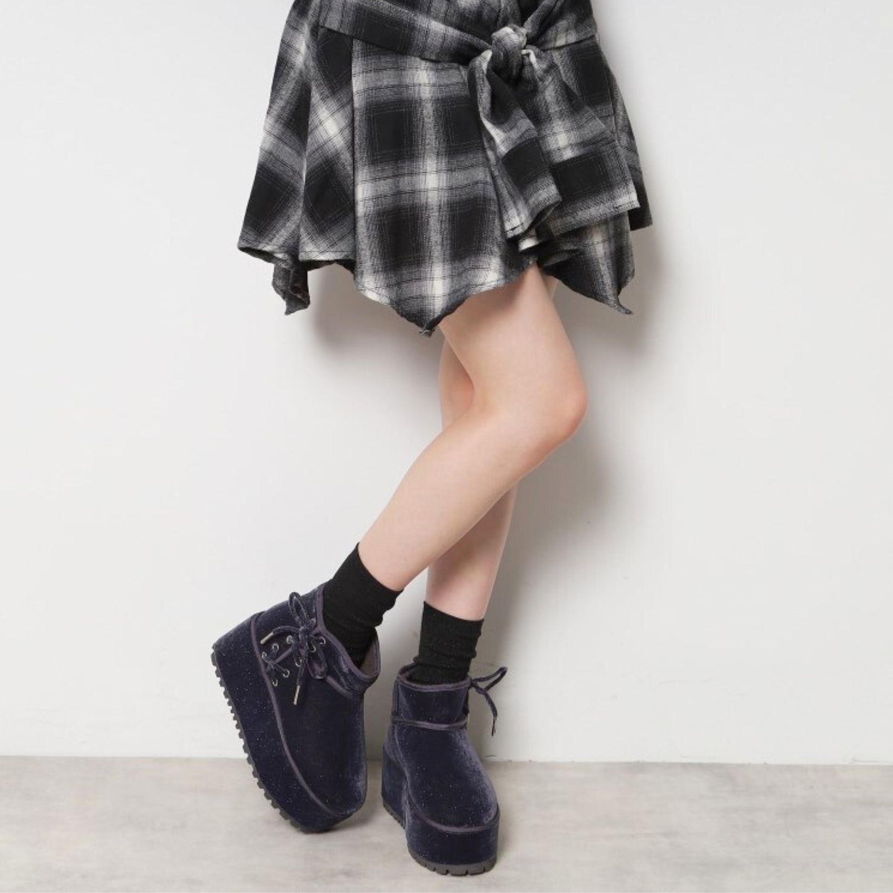 ESPERANZA「【EC先行販売】厚底レースアップリボンフェイクムートンブーツ」|ショートブーツ|